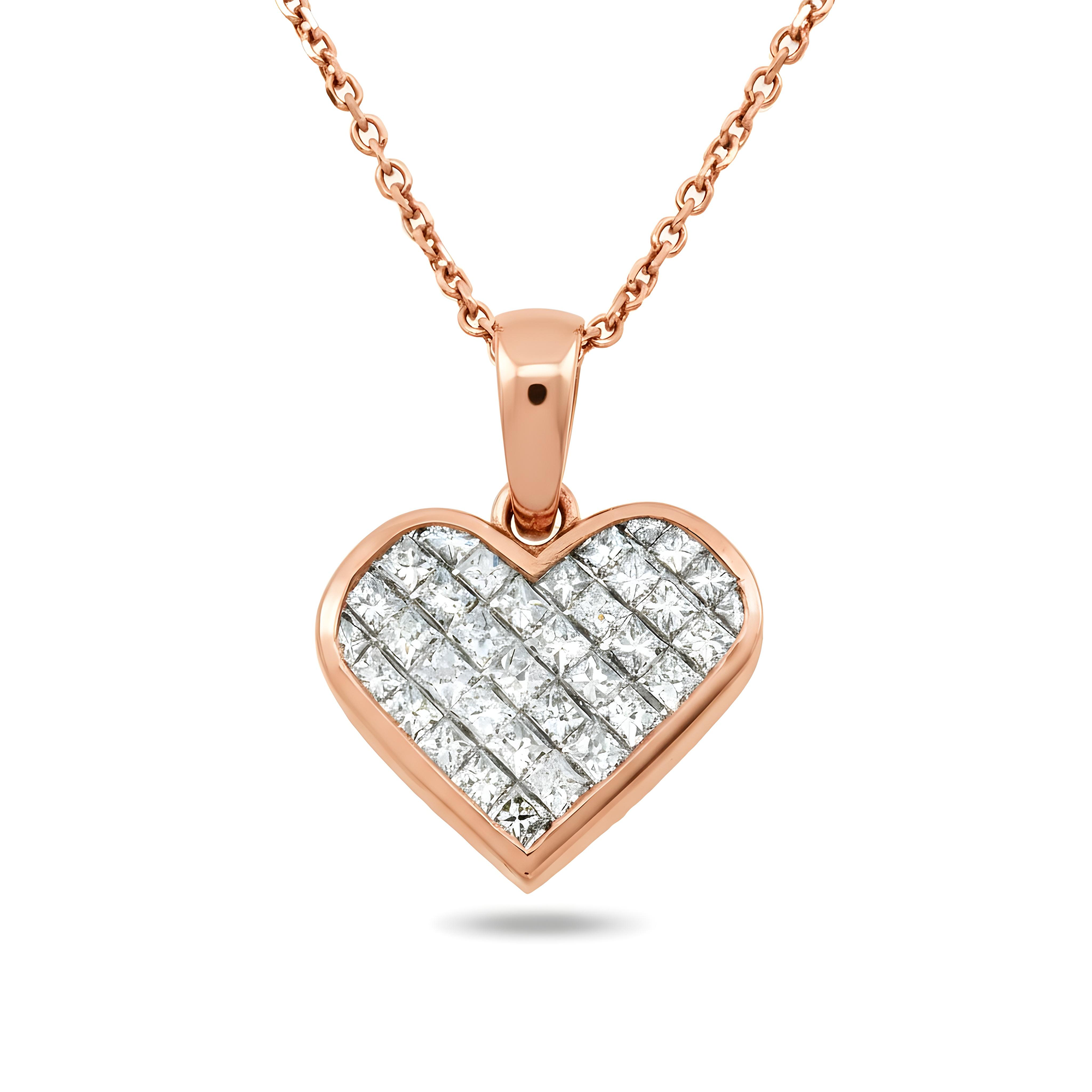 18K Yellow Gold Princess Cut Diamond Heart Necklace 2.95ct