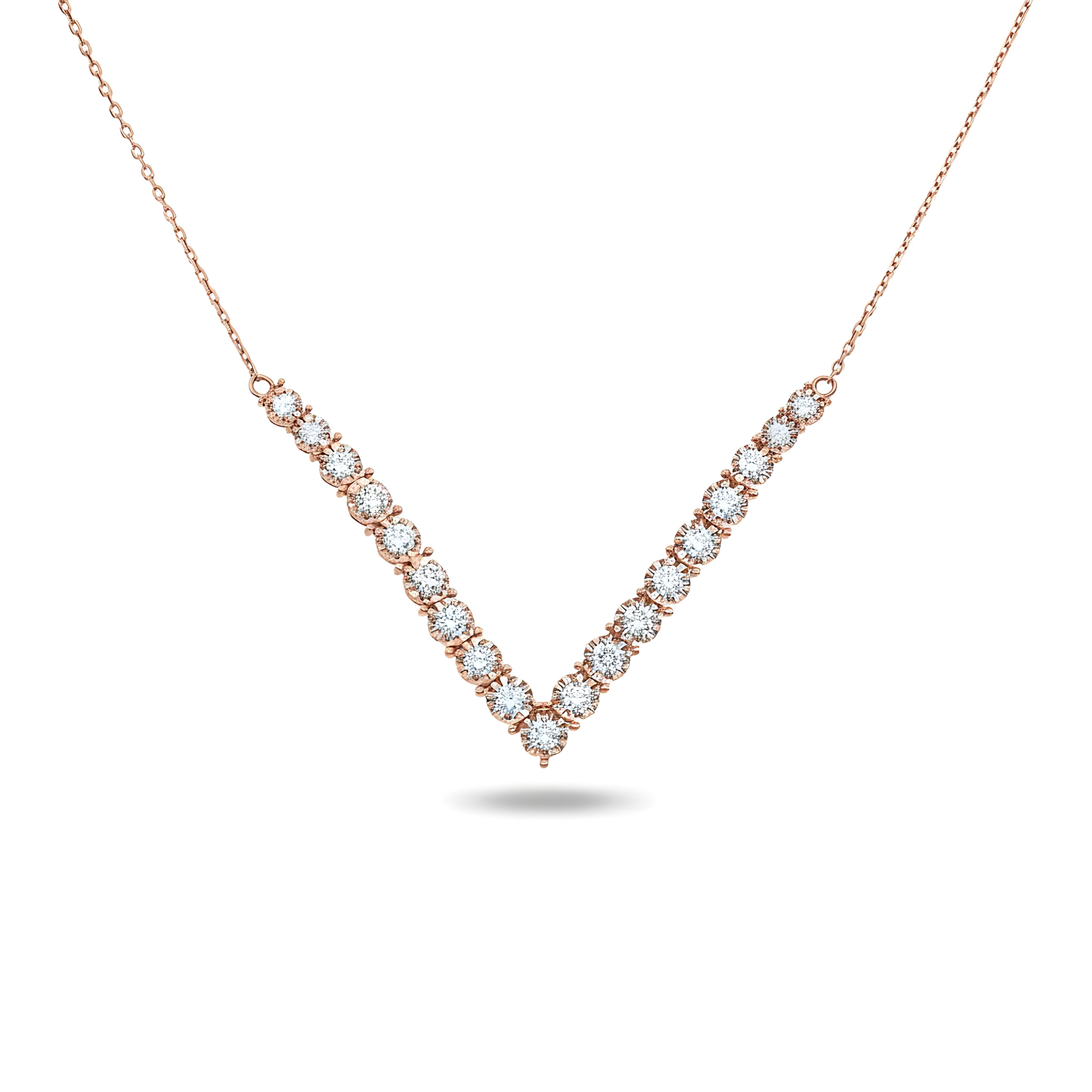 14K Yellow Gold Round Diamond V-Shape Drop Necklace 1.0ct