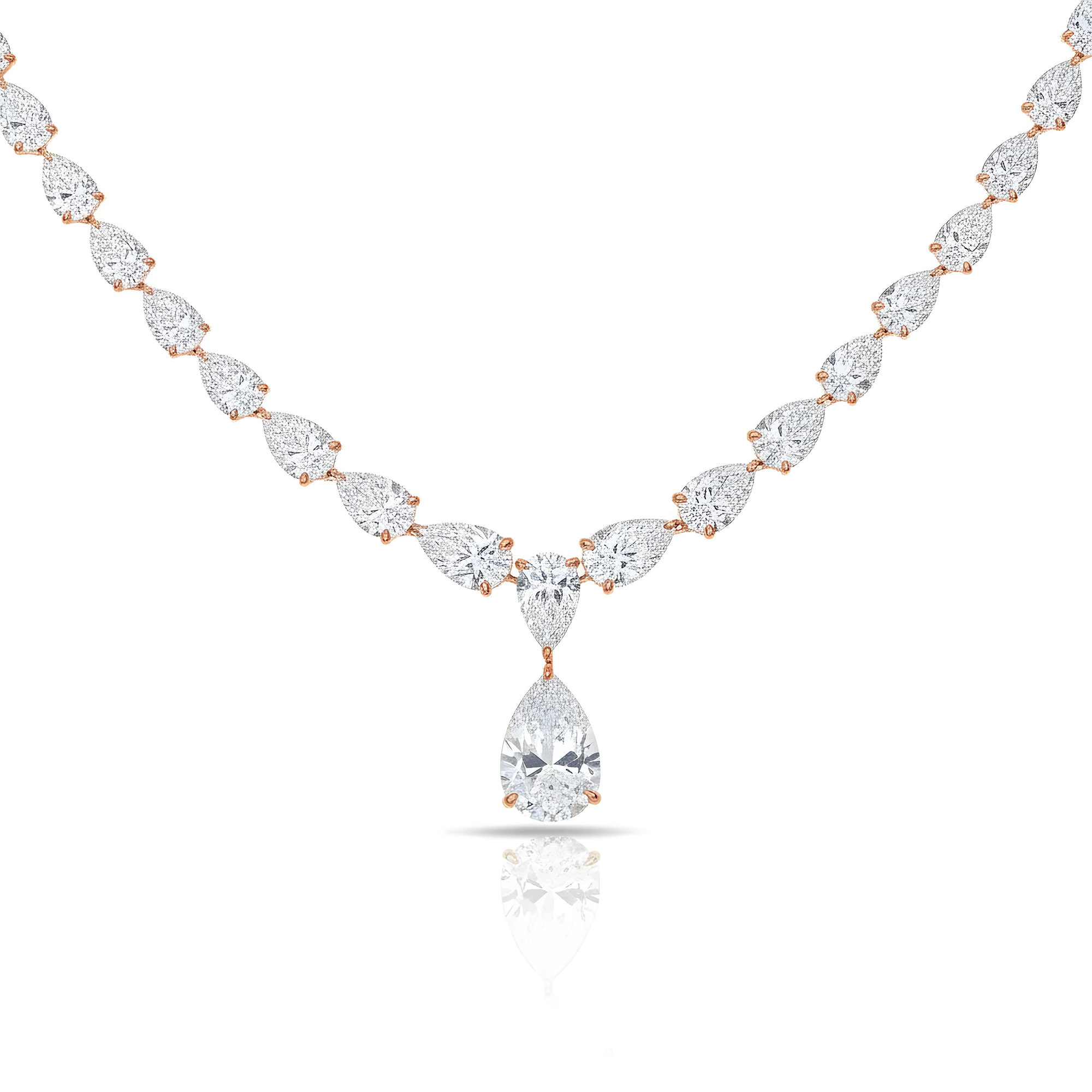 18K White Gold Full Pear Cut Diamond Drop Necklace 56.43ct