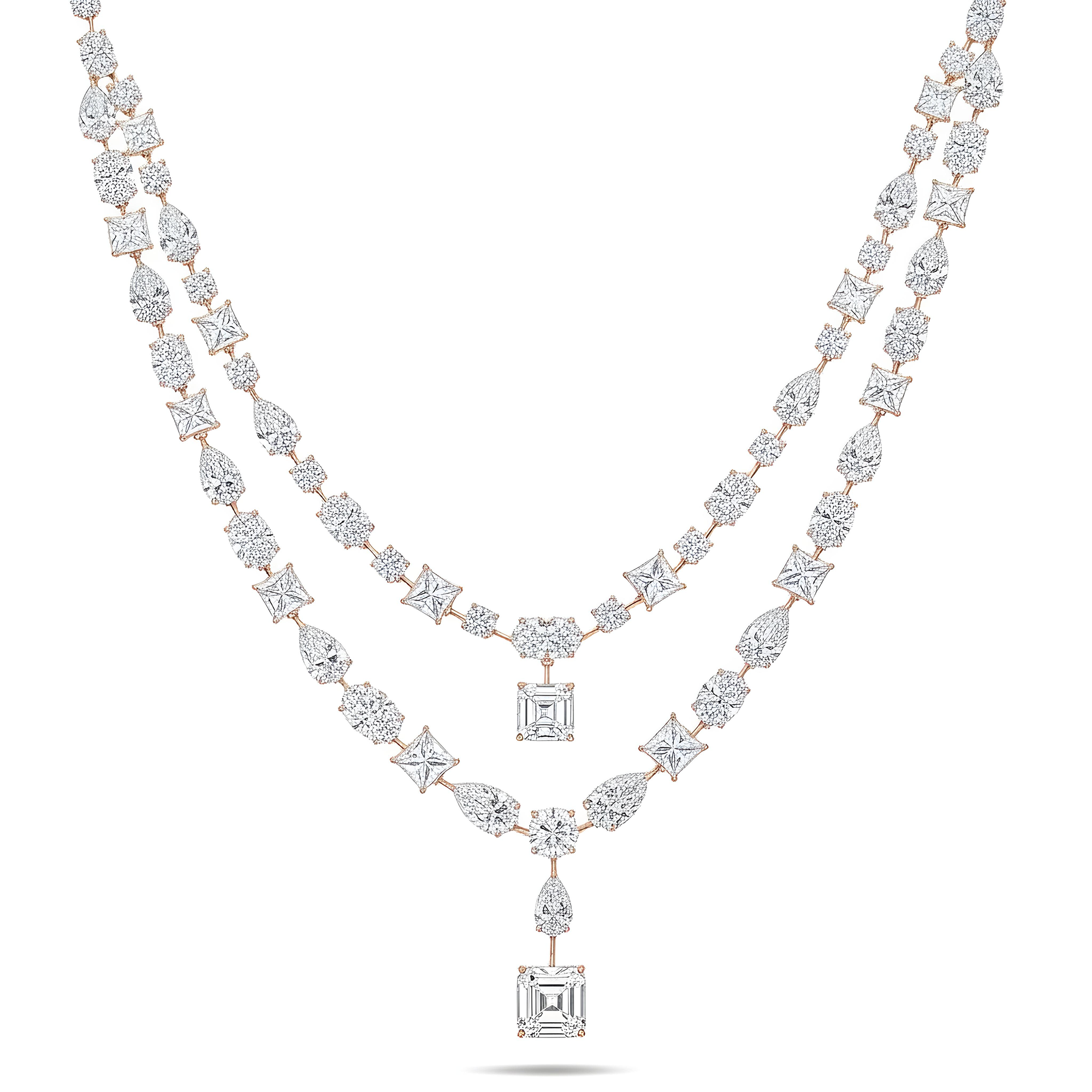 18K White Gold Multi Cut Diamond Double Row Drop Necklace 72.74ct