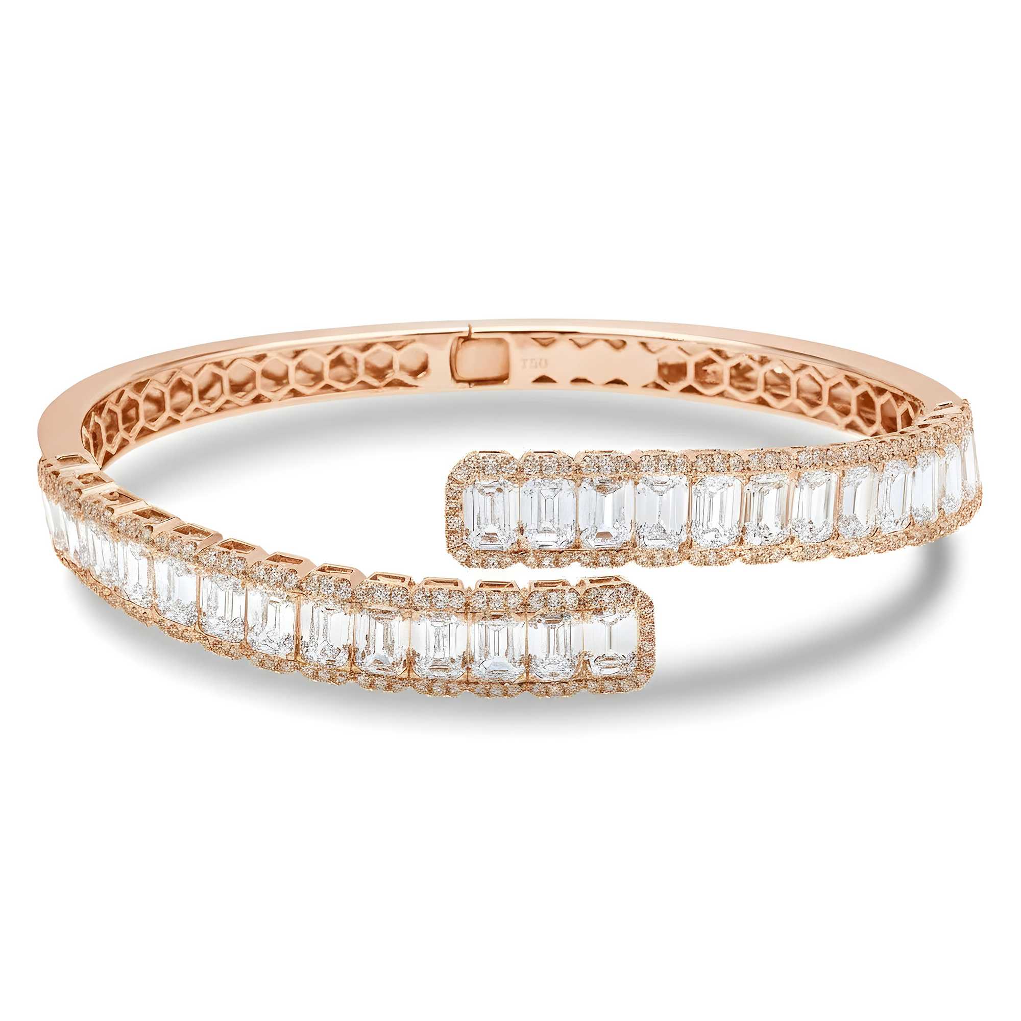 18K White Gold Emerald & Round Diamond Wrap Bangle Bracelet 11.61ct