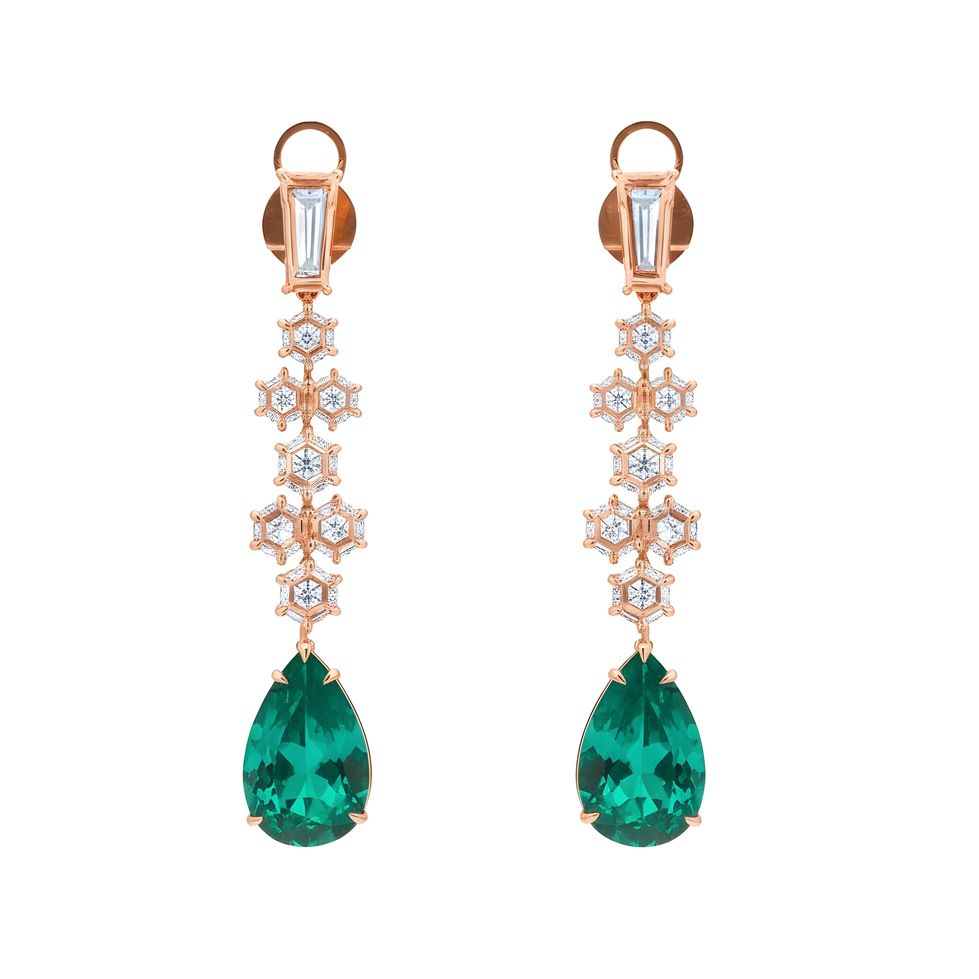 18K White Gold Hexagon Cut Diamond & Pear Cut Emerald Drop Earrings