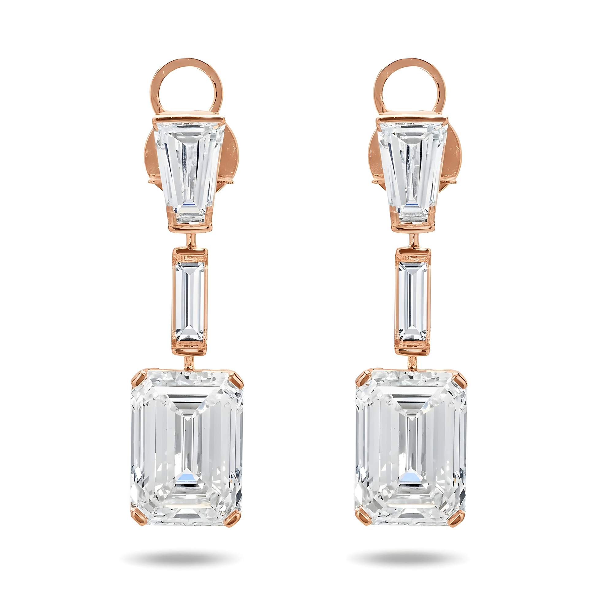 IGI 18K White Gold Triple Tier Emerald Cut Diamond Drop Earrings 19.36ctw