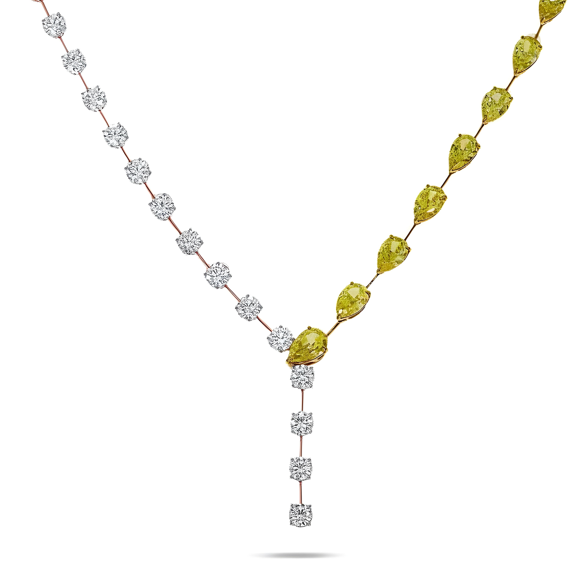18K Two Tone Fancy Yellow Pear Cut & Round Diamond Adjustable Drop Necklace