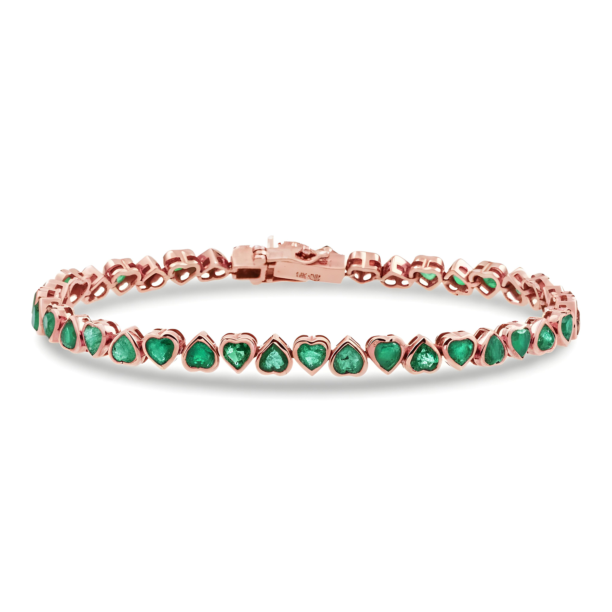 14K Yellow Gold Bezel Set Heart Emerald Bracelet 8.23ct