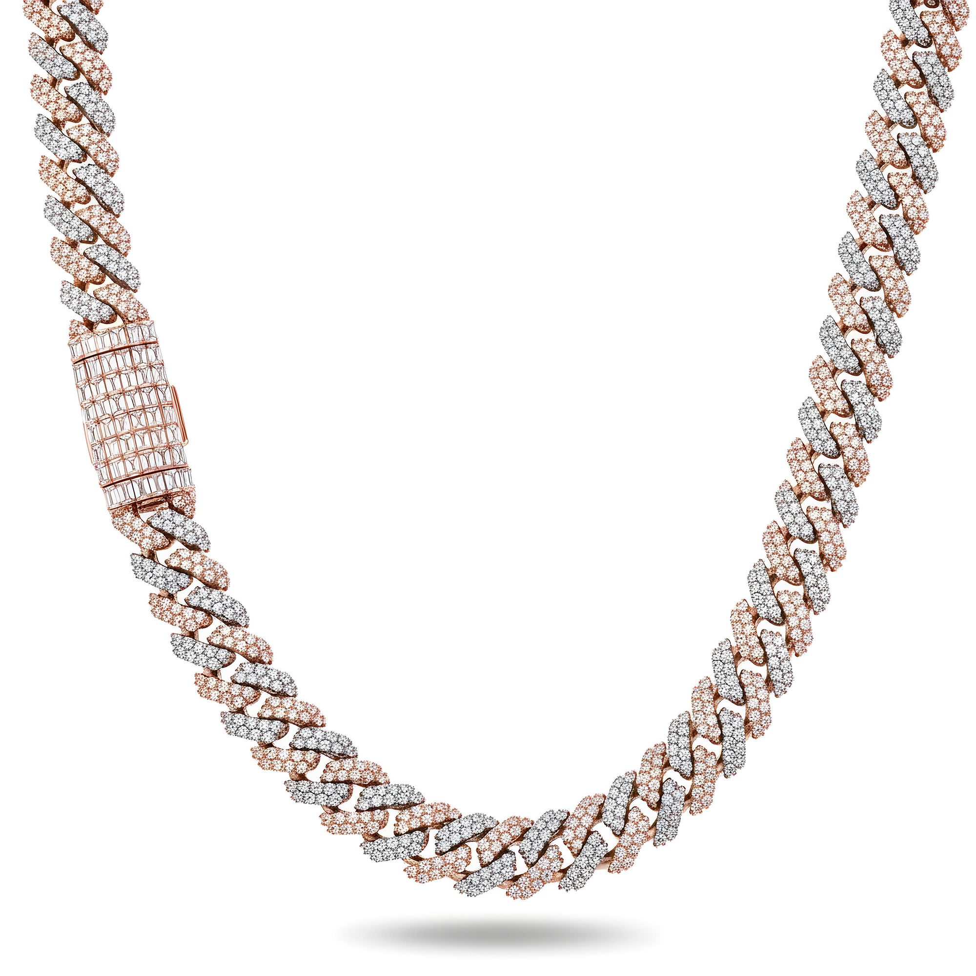 14K Two Tone 12mm Round & Emerald Diamond Cuban Link Chain 44.12ct