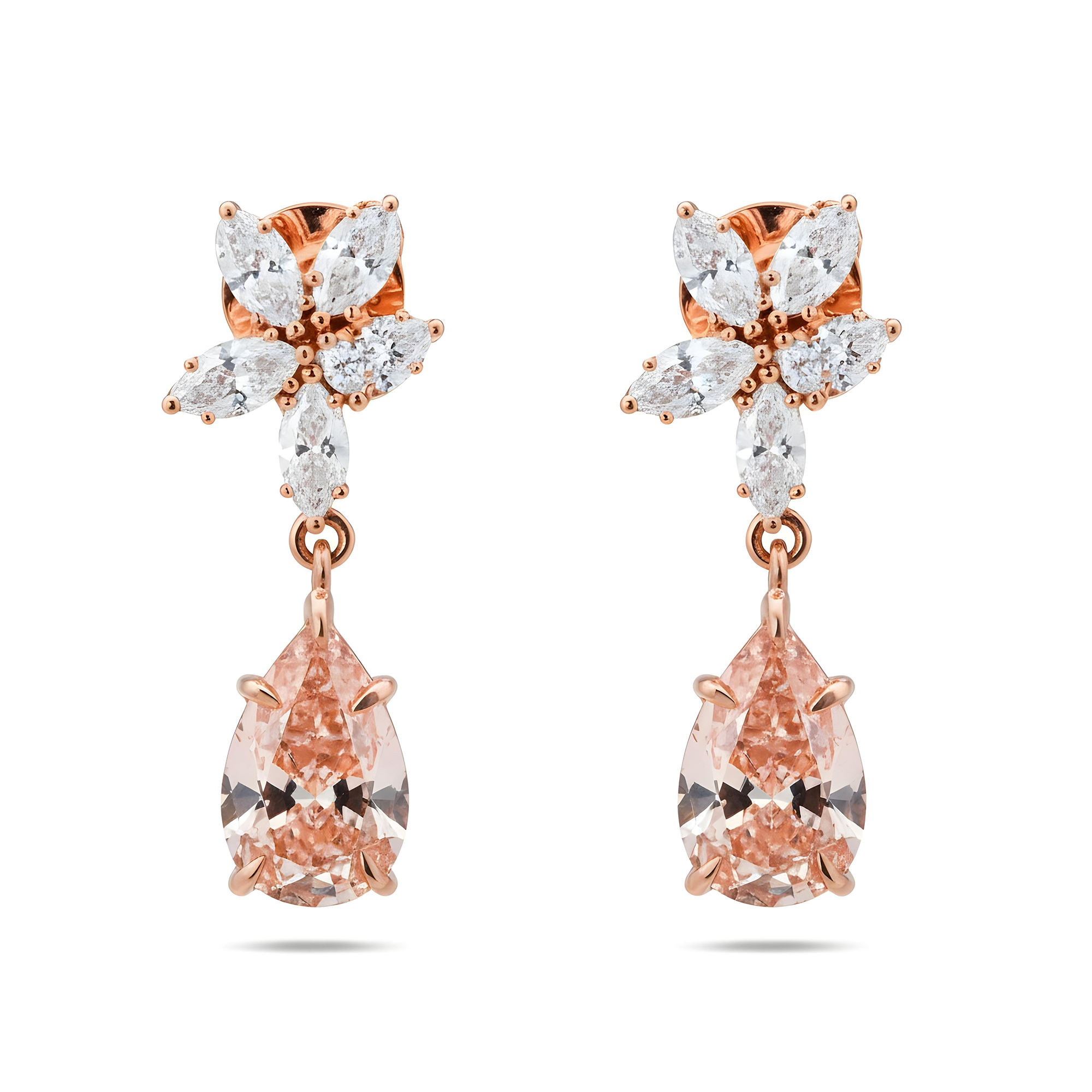 18K White Gold Pear Cut Pink Vivid Diamond Mini Flower Drop Earrings 4.17ctw