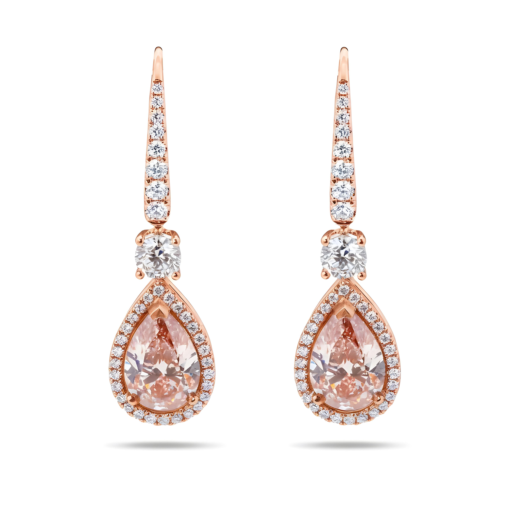 18K Two Tone Pear Cut Pink Vivid Diamond Drop Earrings 5.47ctw