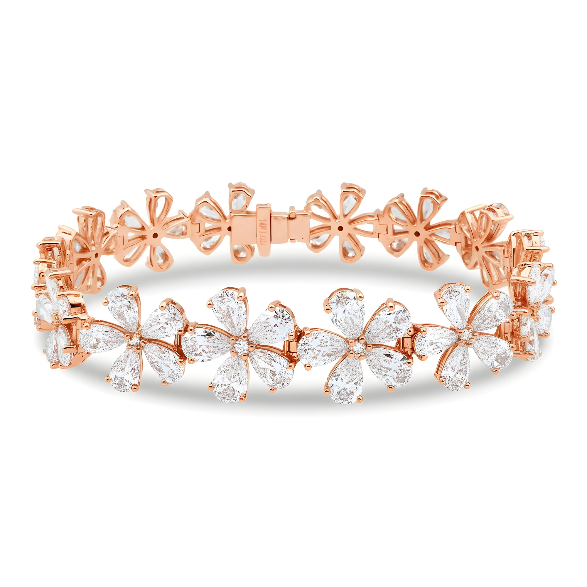 14K White Gold Pear Cut Diamond Full Bloom Flower Bracelet 26.50ct