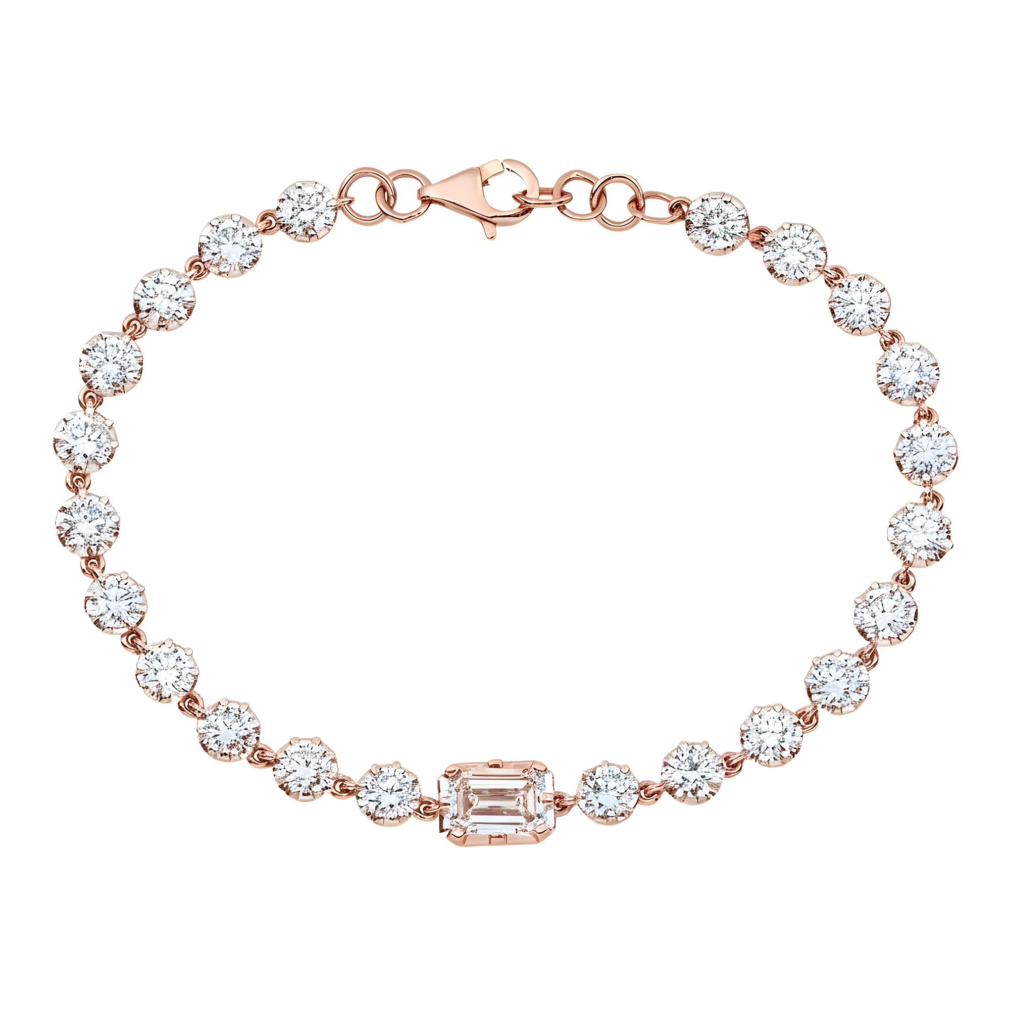 14K Two Tone Emerald & Round Cut Diamond Satellite Bracelet 6.06ct