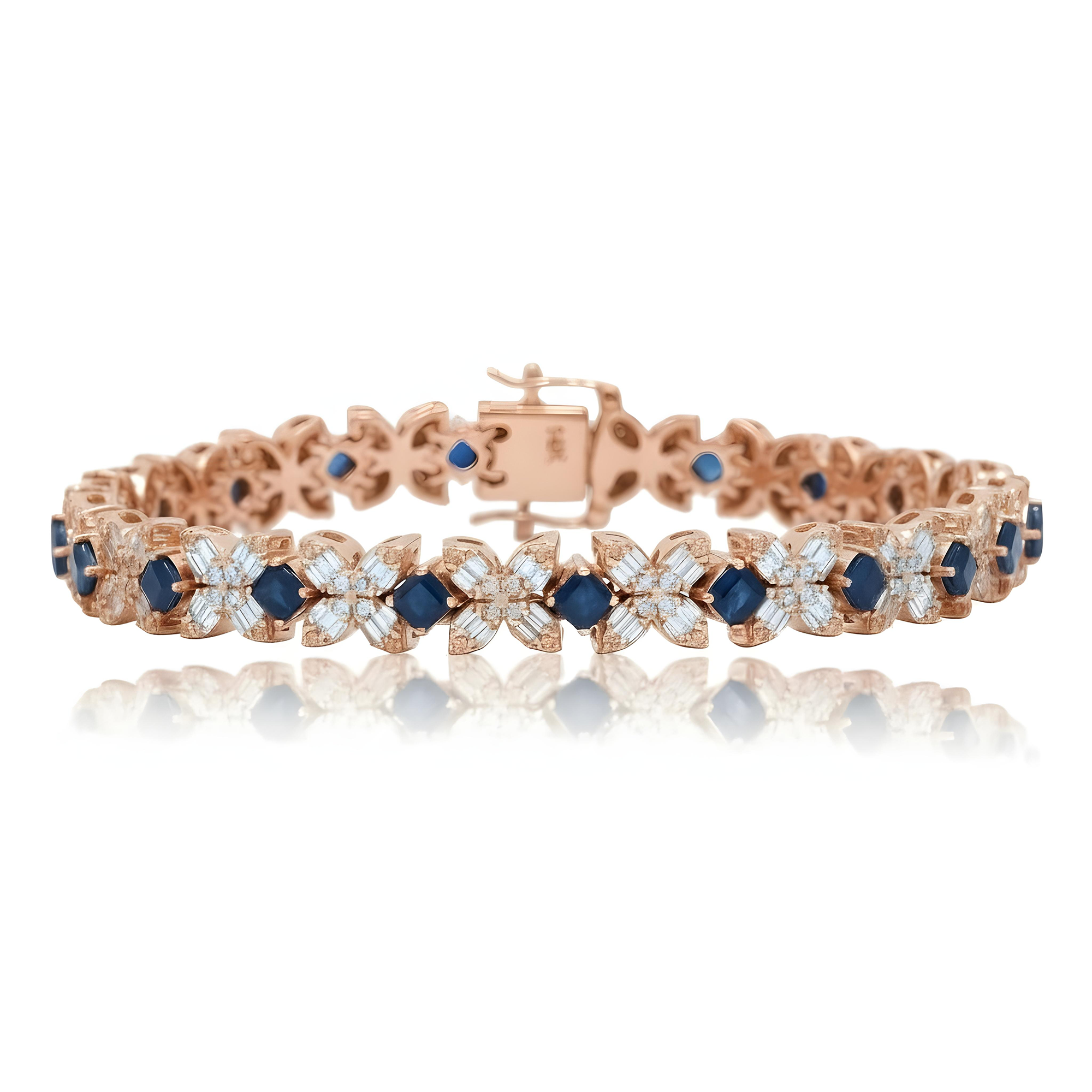 14K White Gold Asscher Cut Sapphire & Diamond Bracelet