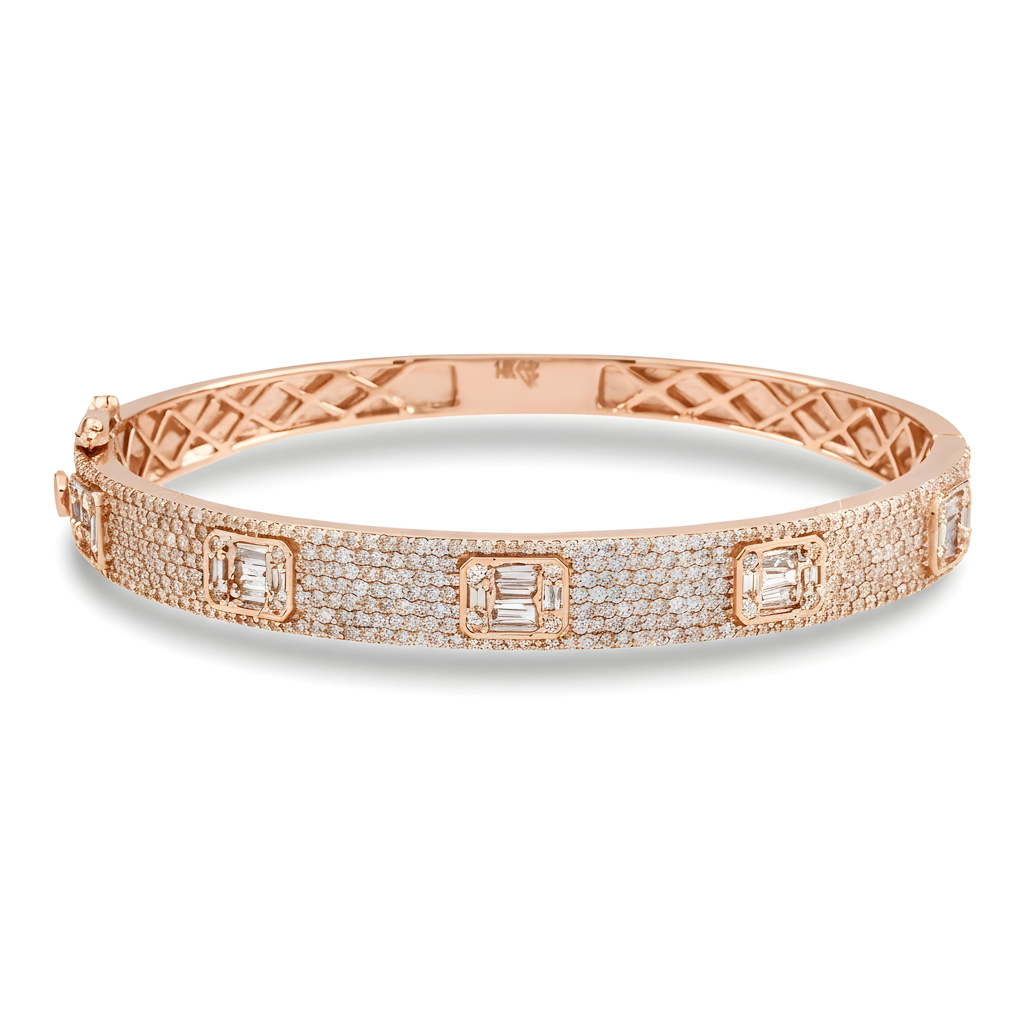 14K White Gold Baguette & Round Diamond Bangle Bracelet 3.30ct