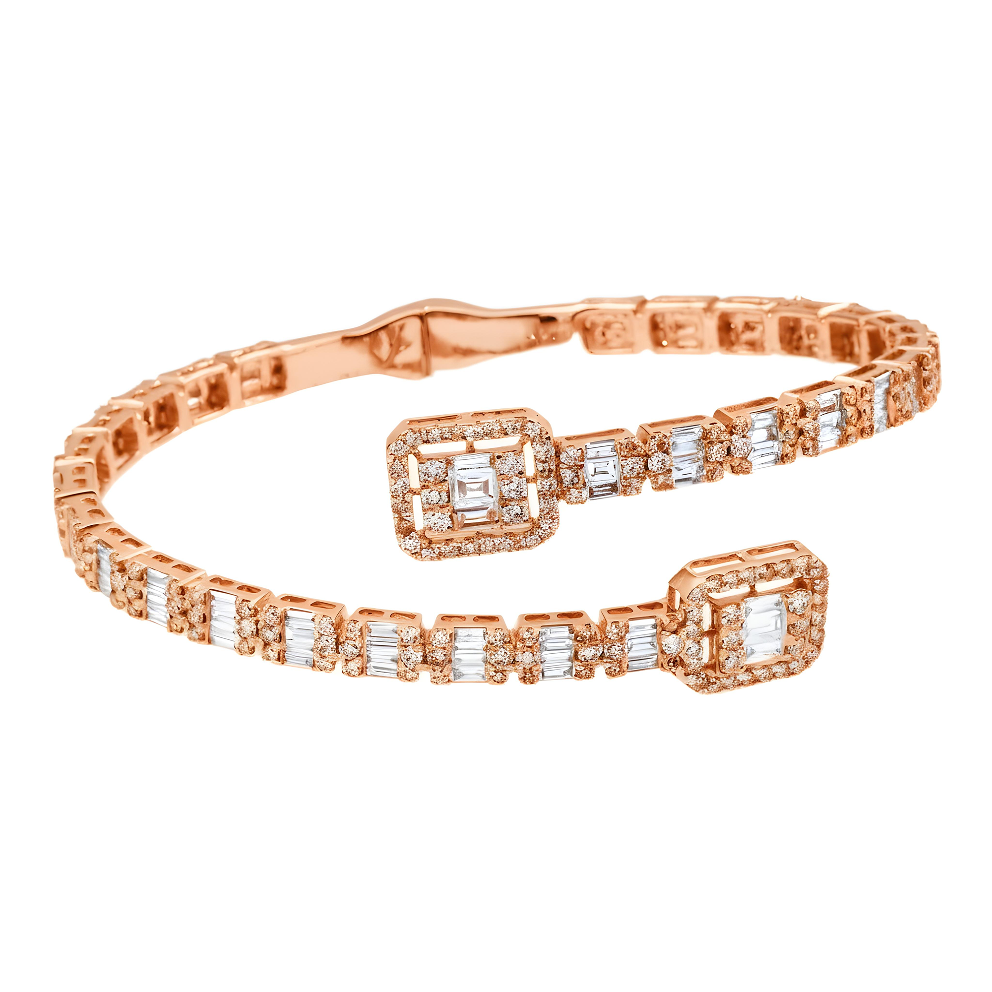 14K White Gold Baguette & Round Diamond Bangle Bracelet 6.40ct