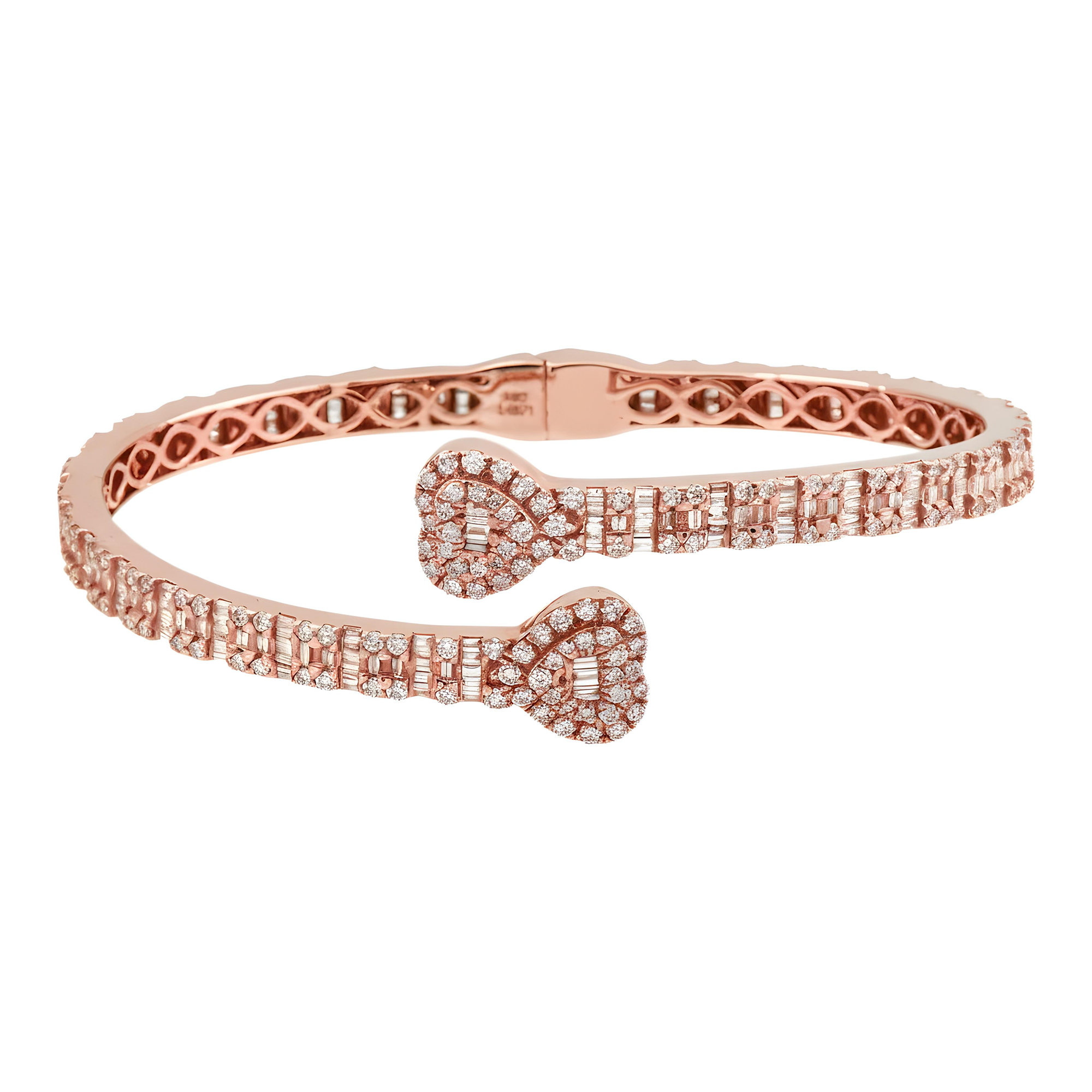 14K Yellow Gold Baguette & Round Diamond Heart Bangle Bracelet 4.50ct