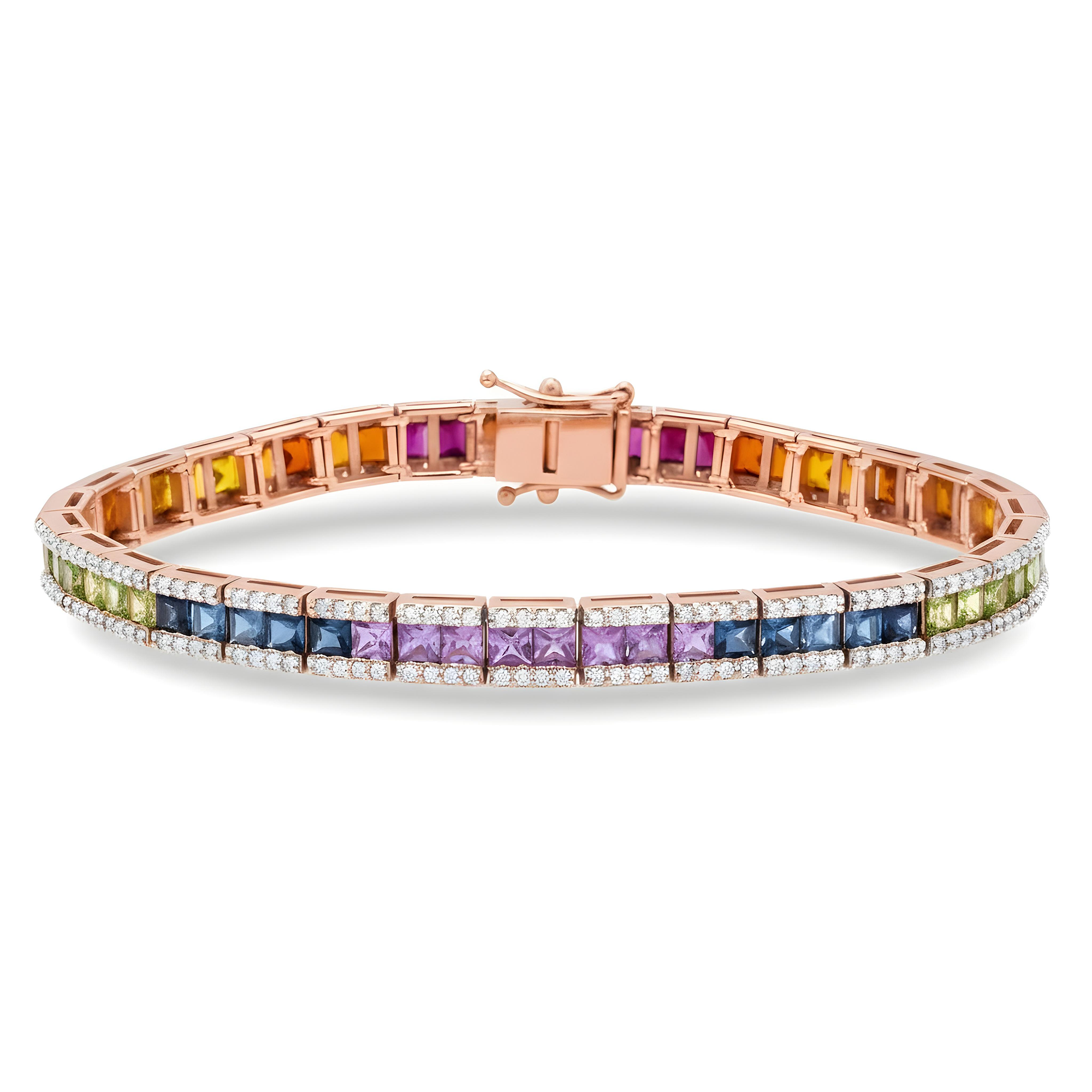 14K White Gold Princess Cut Rainbow Gemstone & Diamond Bracelet