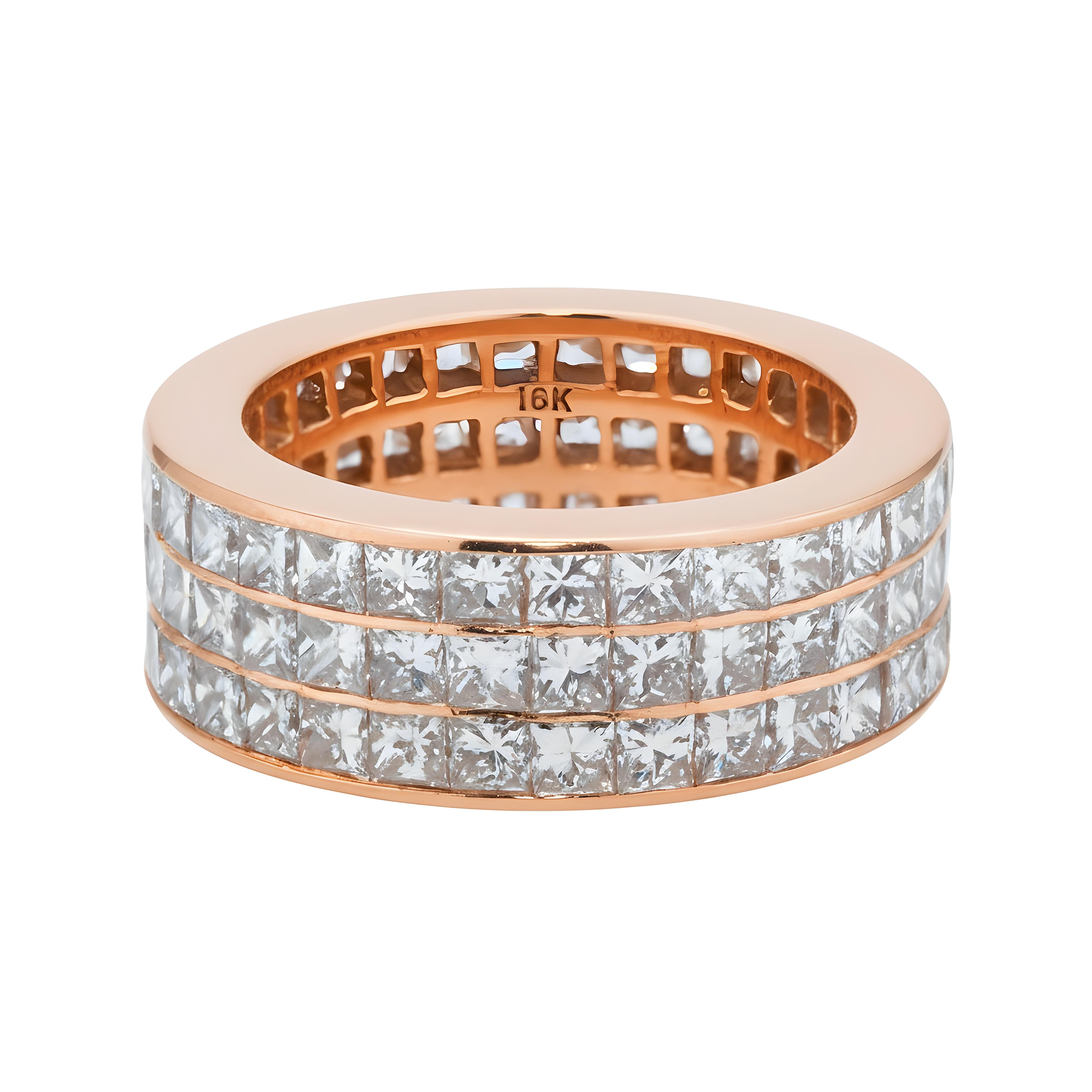 18K Yellow Gold Triple Row Princess Cut Diamond Eternity Ring 6.96ct