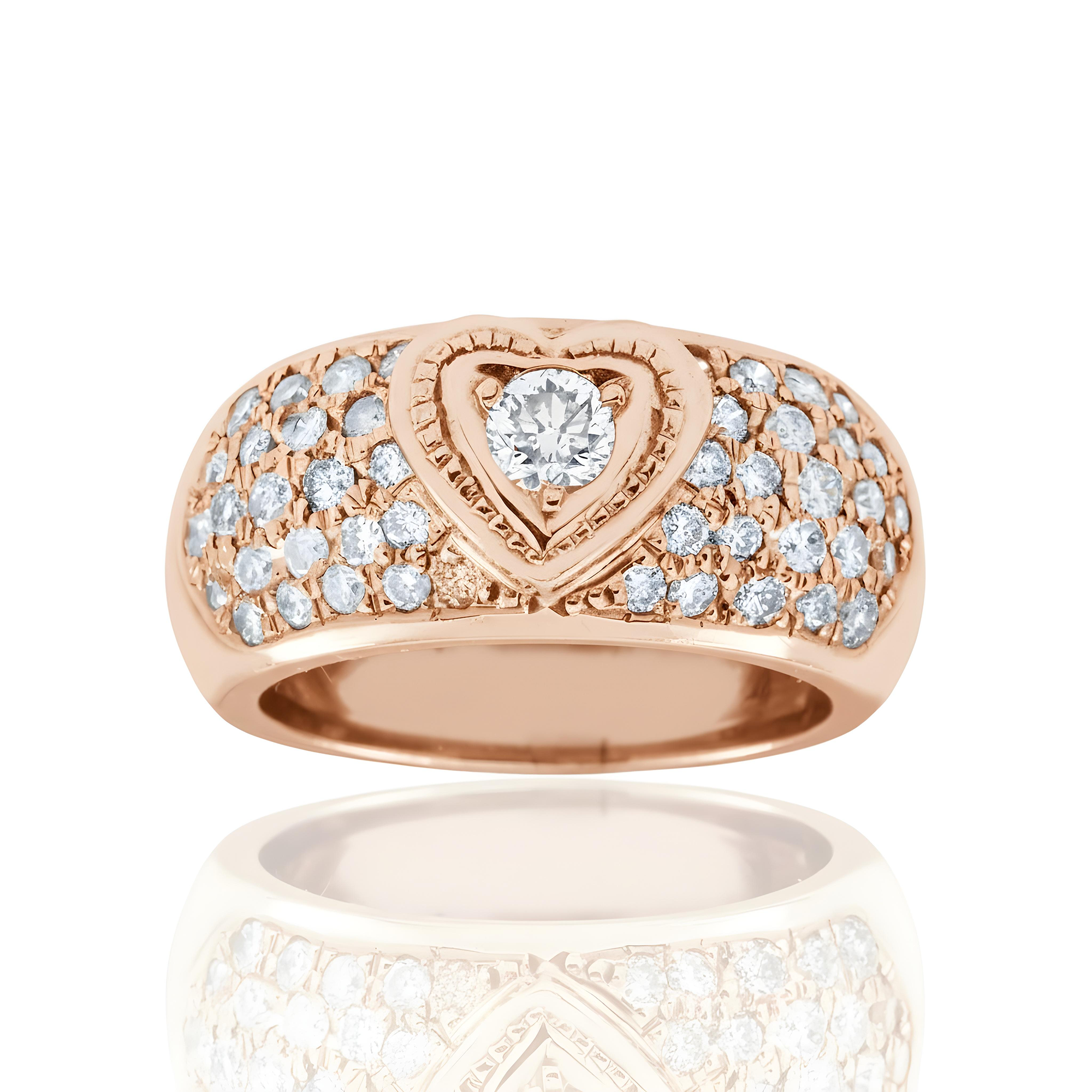 14K White Gold 5 Row Pave Set Heart Shaped Diamond Round Ring 1.14ct