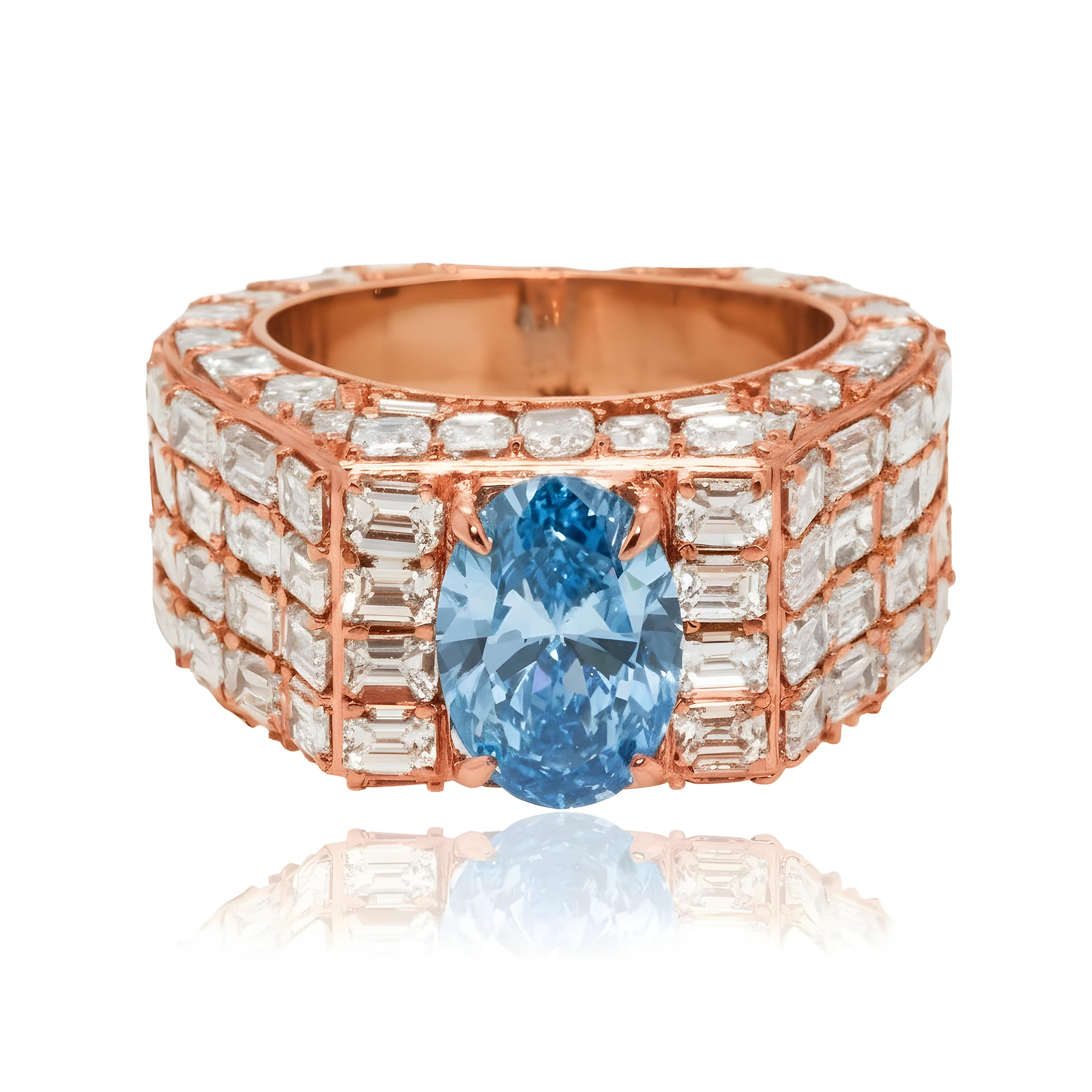 14K Whie Gold Emerald & Oval Cut Fancy Vivid Blue Diamond Ring 16.33ctw