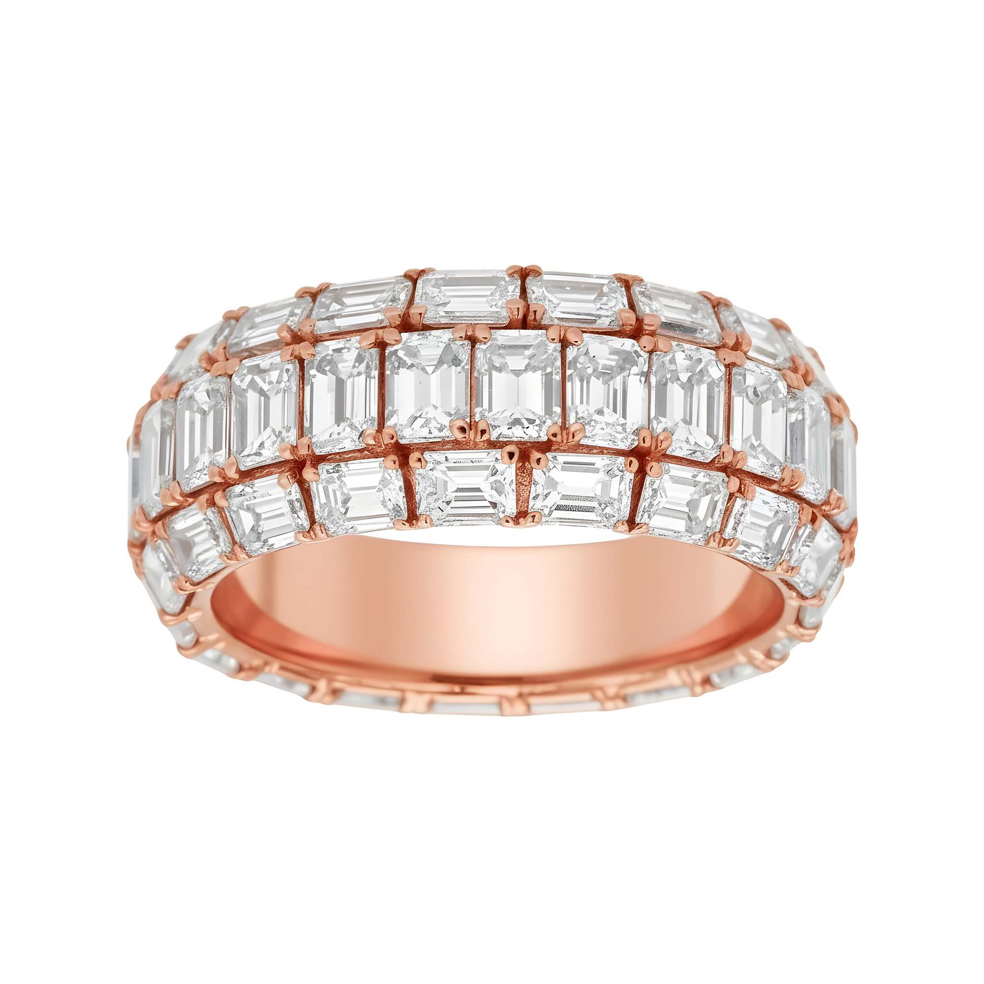 18K White Gold Triple Row Emerald Cut Diamond Ring 6.86ct