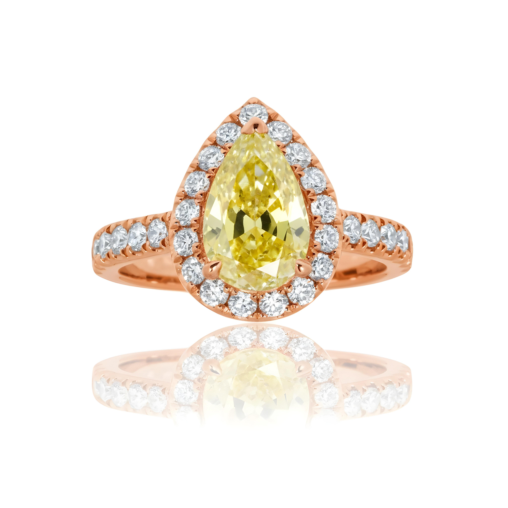 18K White Gold 2.08ct Pear Cut Fancy Vivid Yellow Diamond Ring 2.83ctw