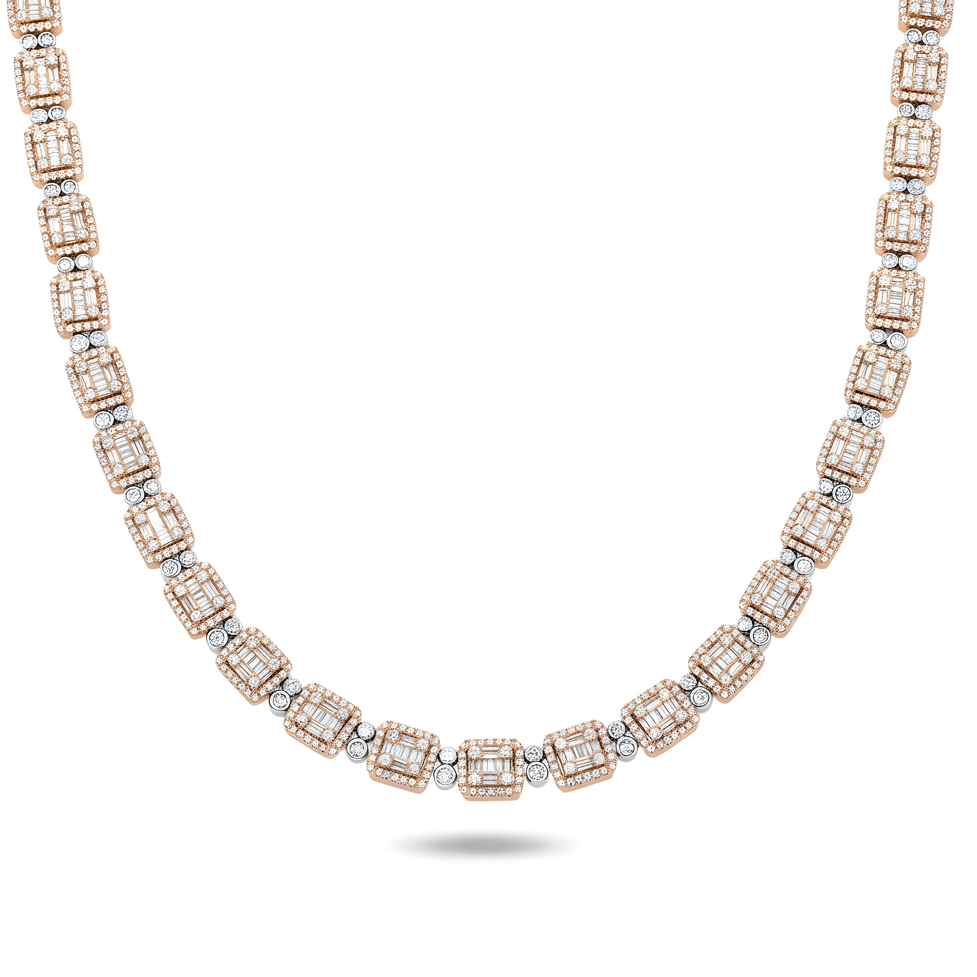 14K Two Tone Round & Baguette Cut Diamond Chain 14.62ct