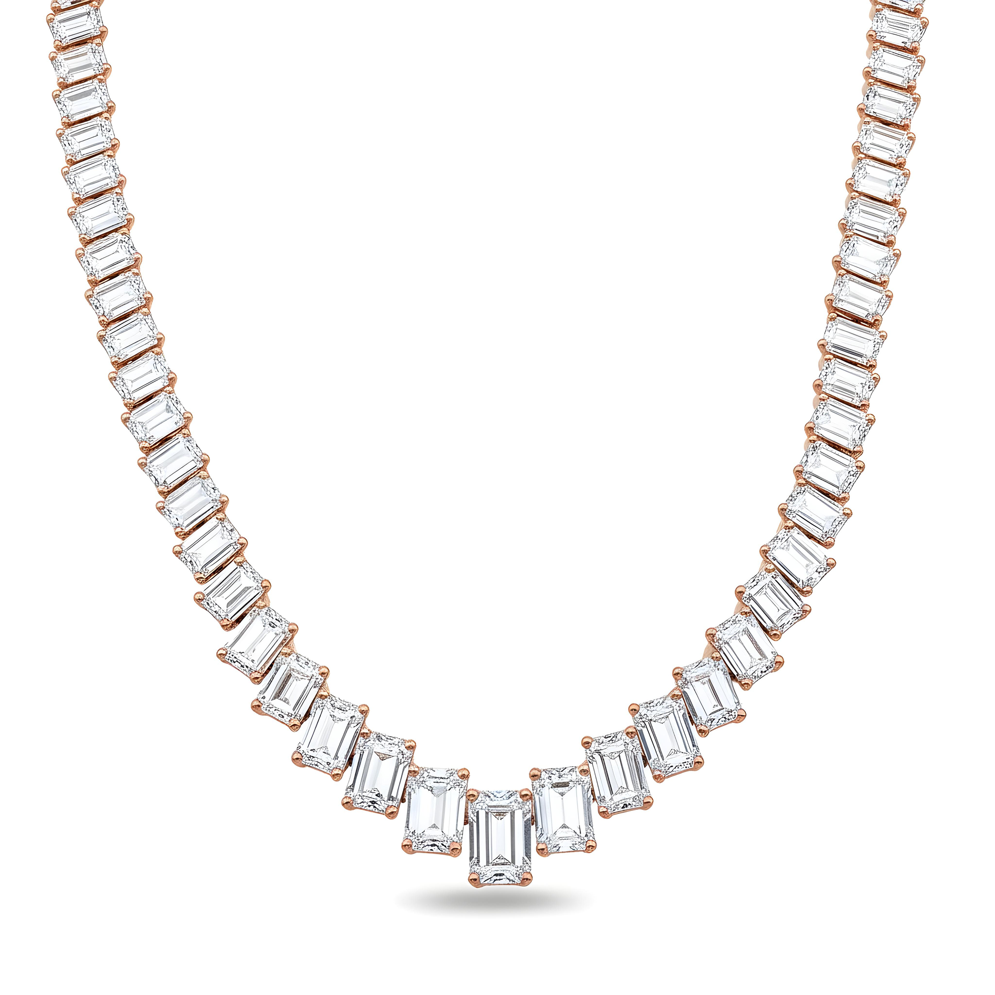 14K White Gold Graduated Emerald Cut Diamond Necklace 60.42ct