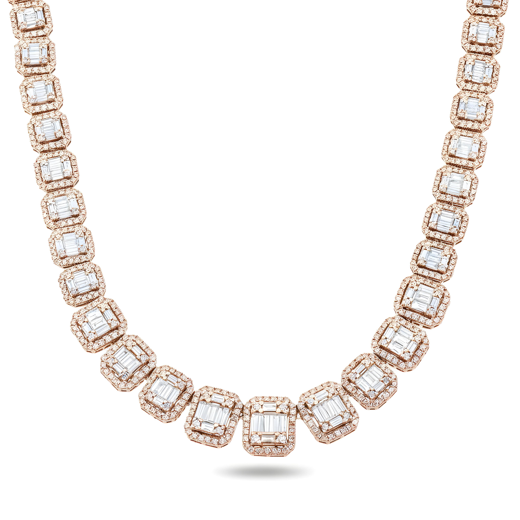 14K White Gold Graduated Round & Baguette Cut Diamond Tennis Chain 25.10ct
