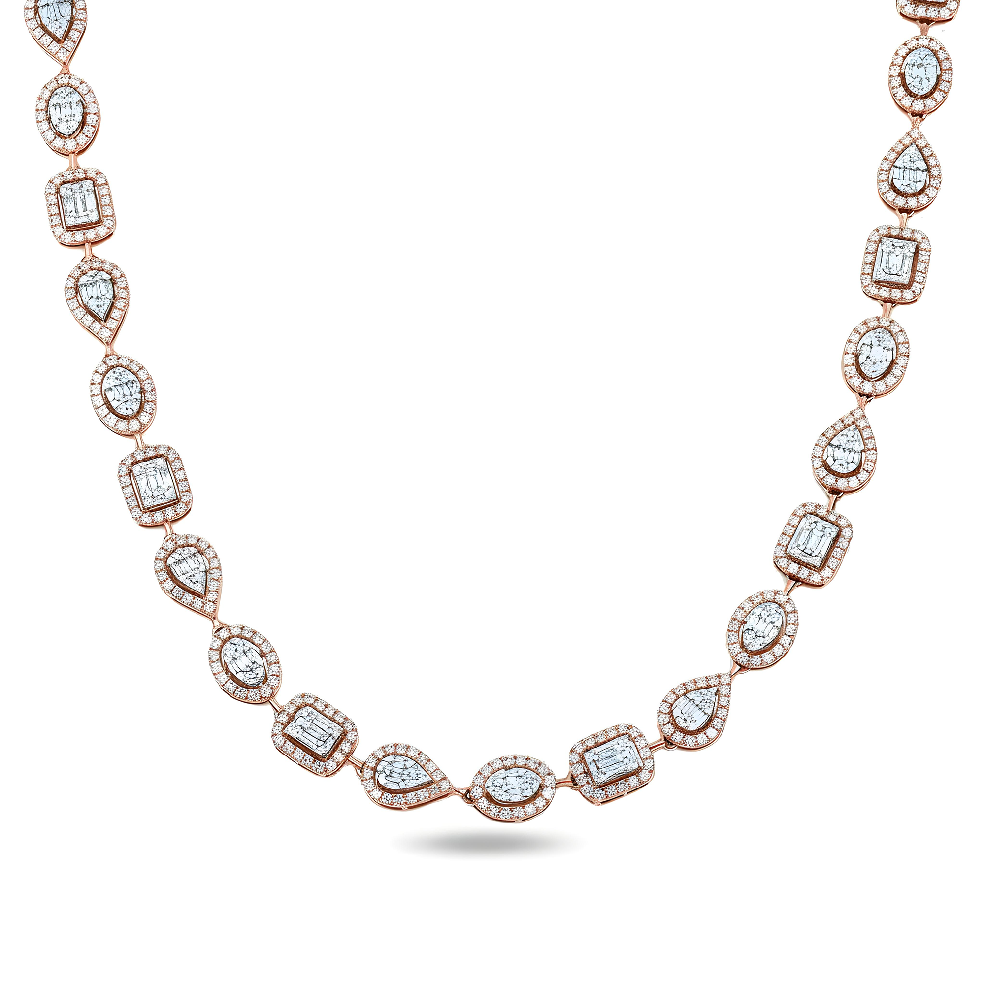 14K Yellow Gold Round & Baguette Cut Diamond Satellite Necklace 12.38ct