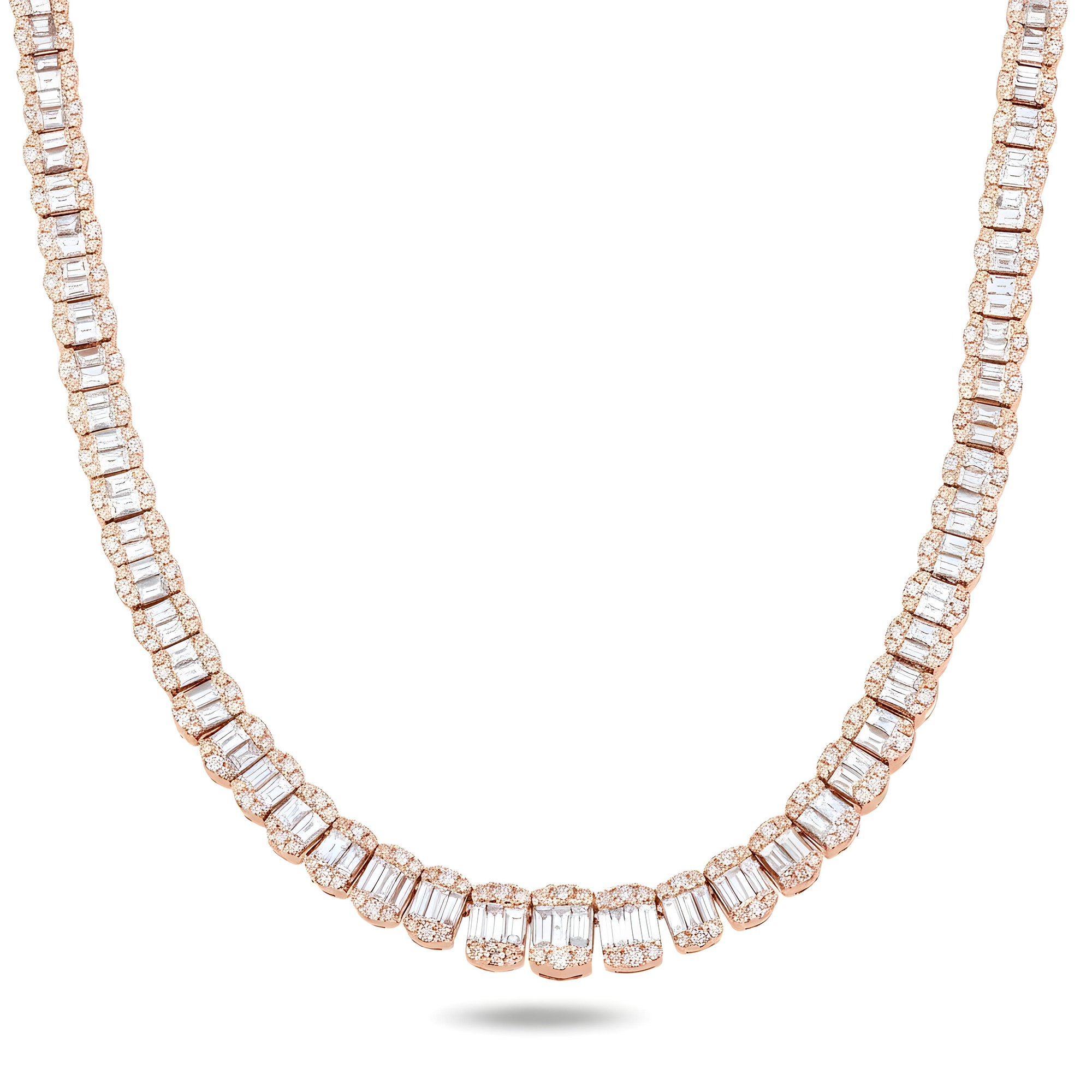 14K White Gold Graduated Round & Baguette Cut Diamond Tennis Chain 23.70ct