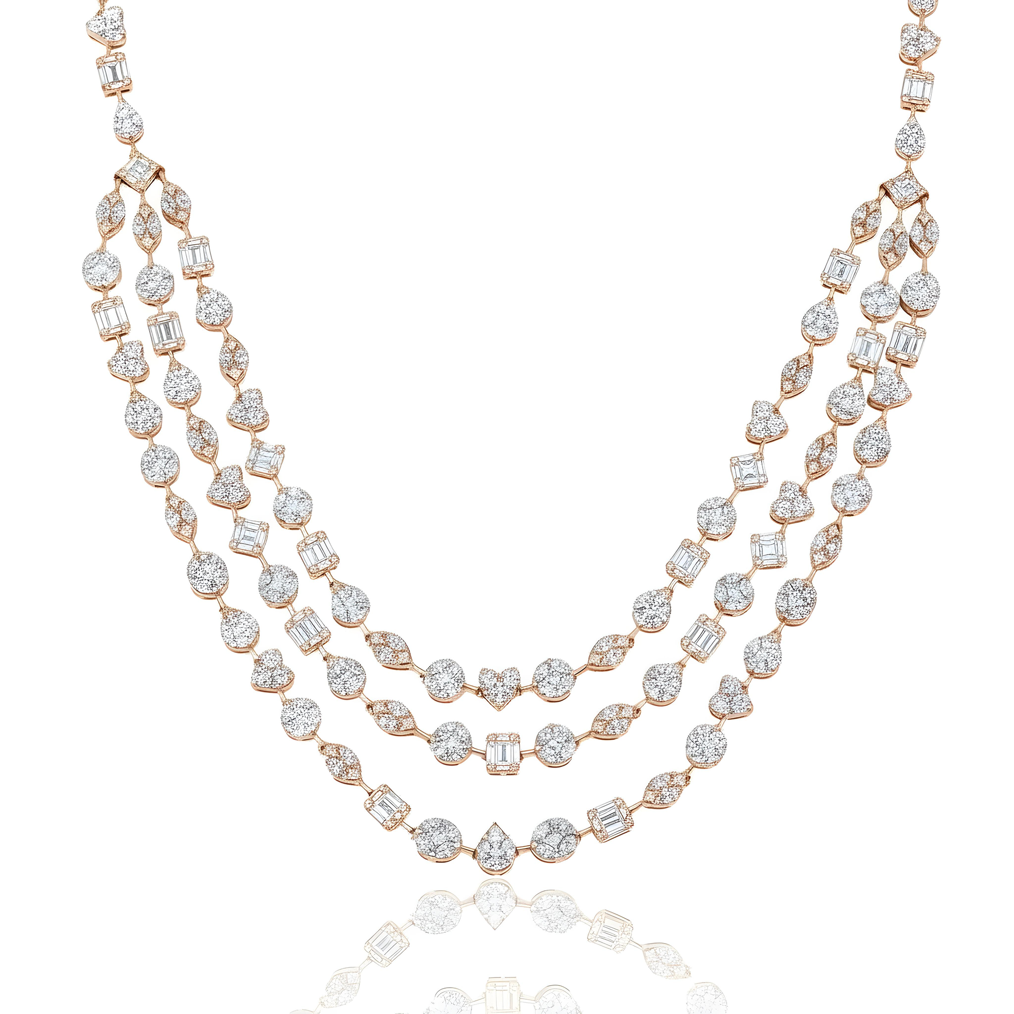 14K White Gold Combination Cut Diamond Triple Row Necklace 29.62ct