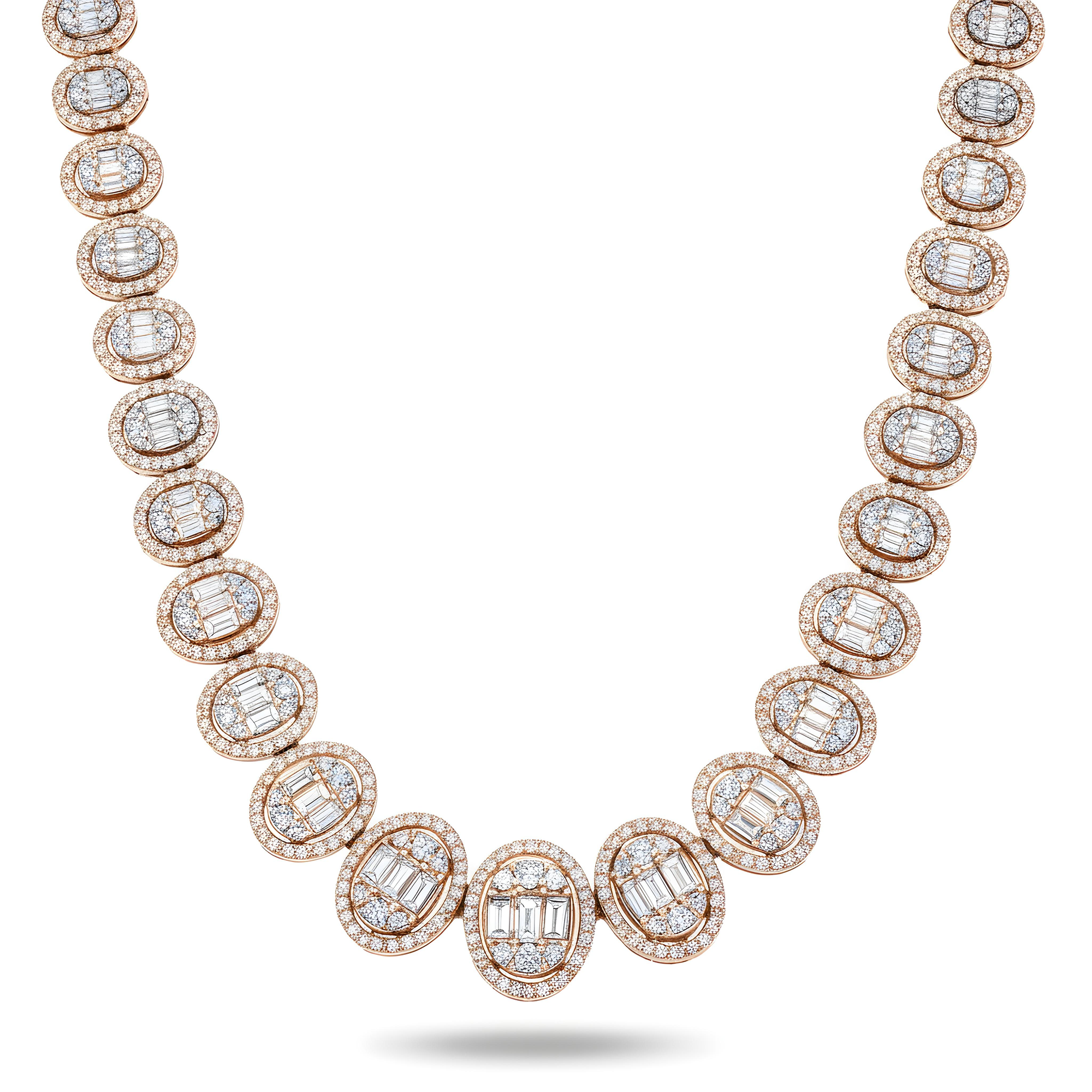 14K White Gold Oval Shaped Baguette Diamond Graduated Chain 21.0ct