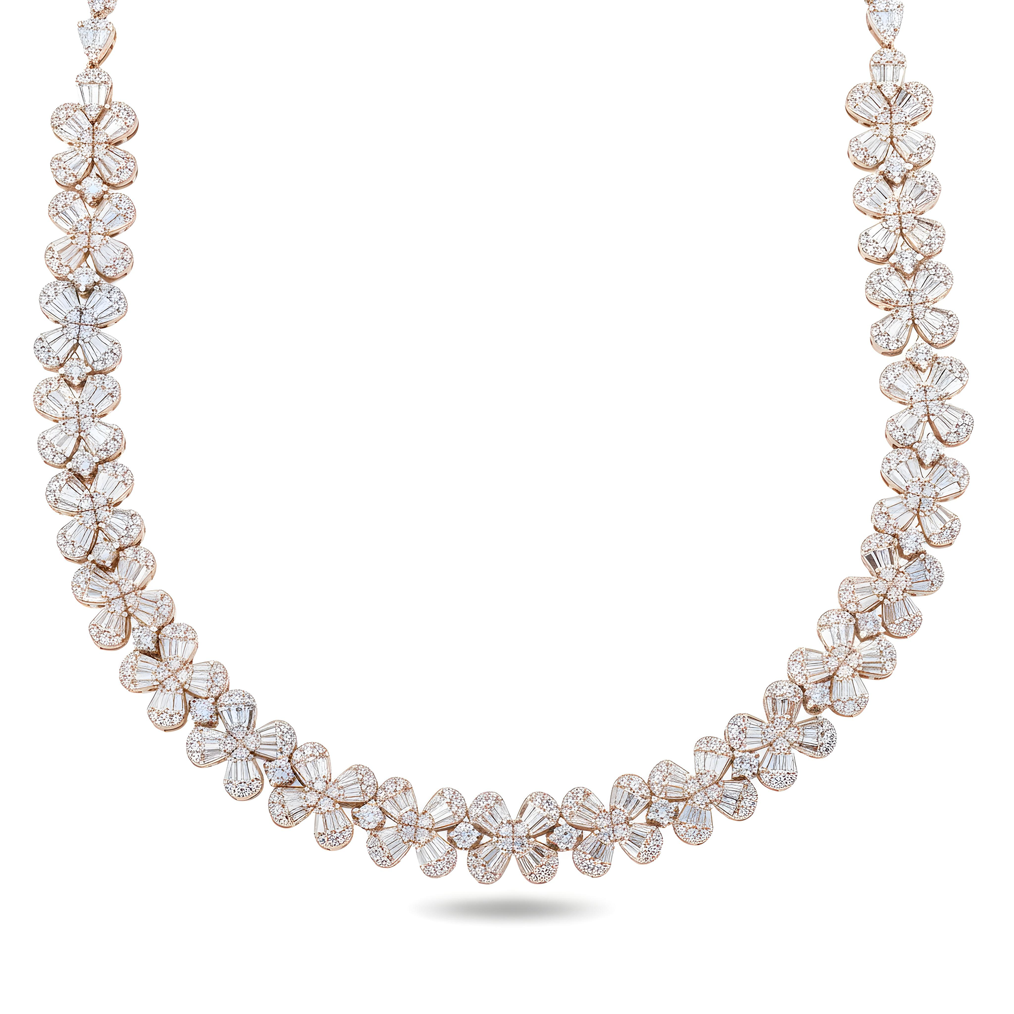 14K White Gold Baguette & Round Cut Flower Diamond Chain 18.98ct