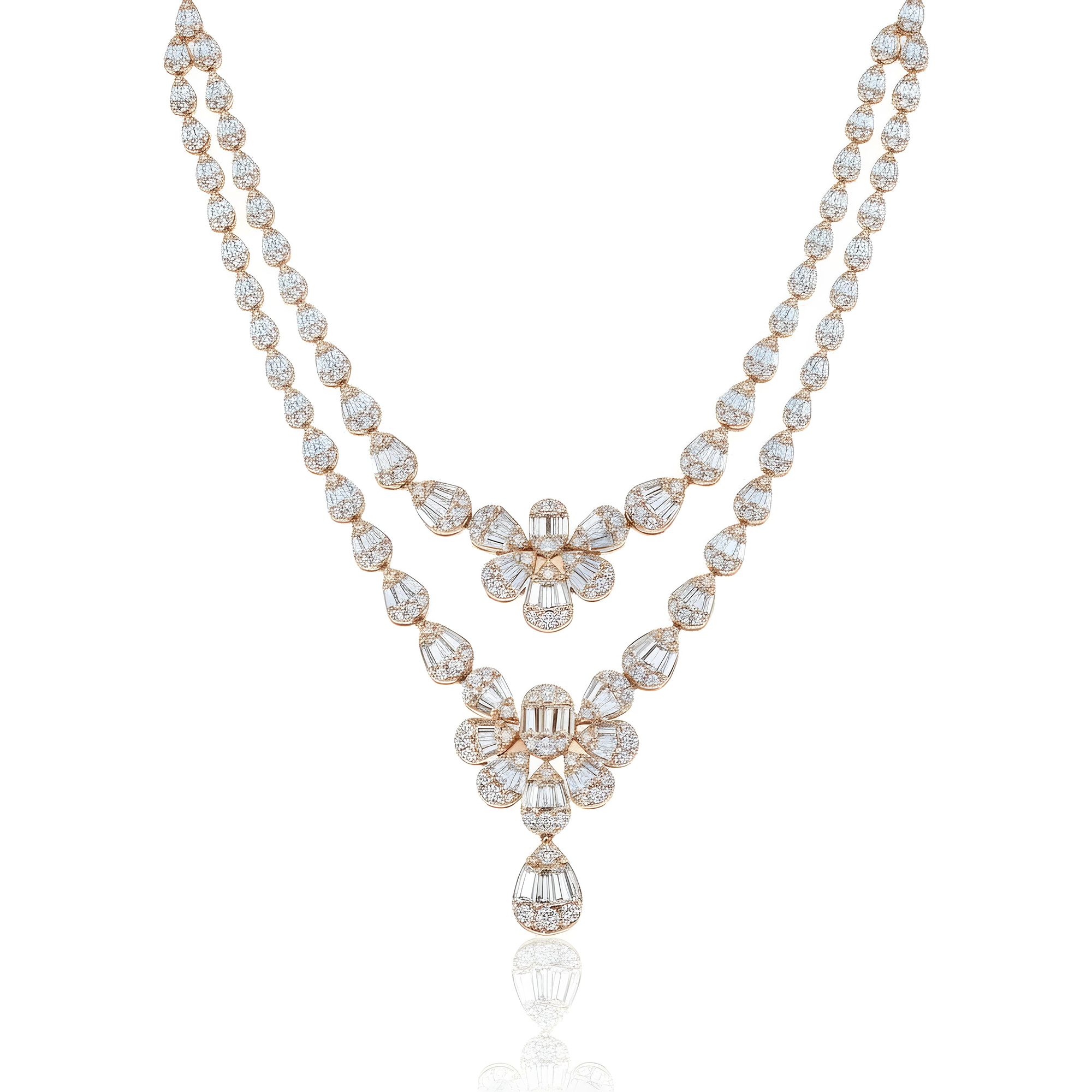 14K White Gold Double Row Diamond Drop Necklace 24.56ct