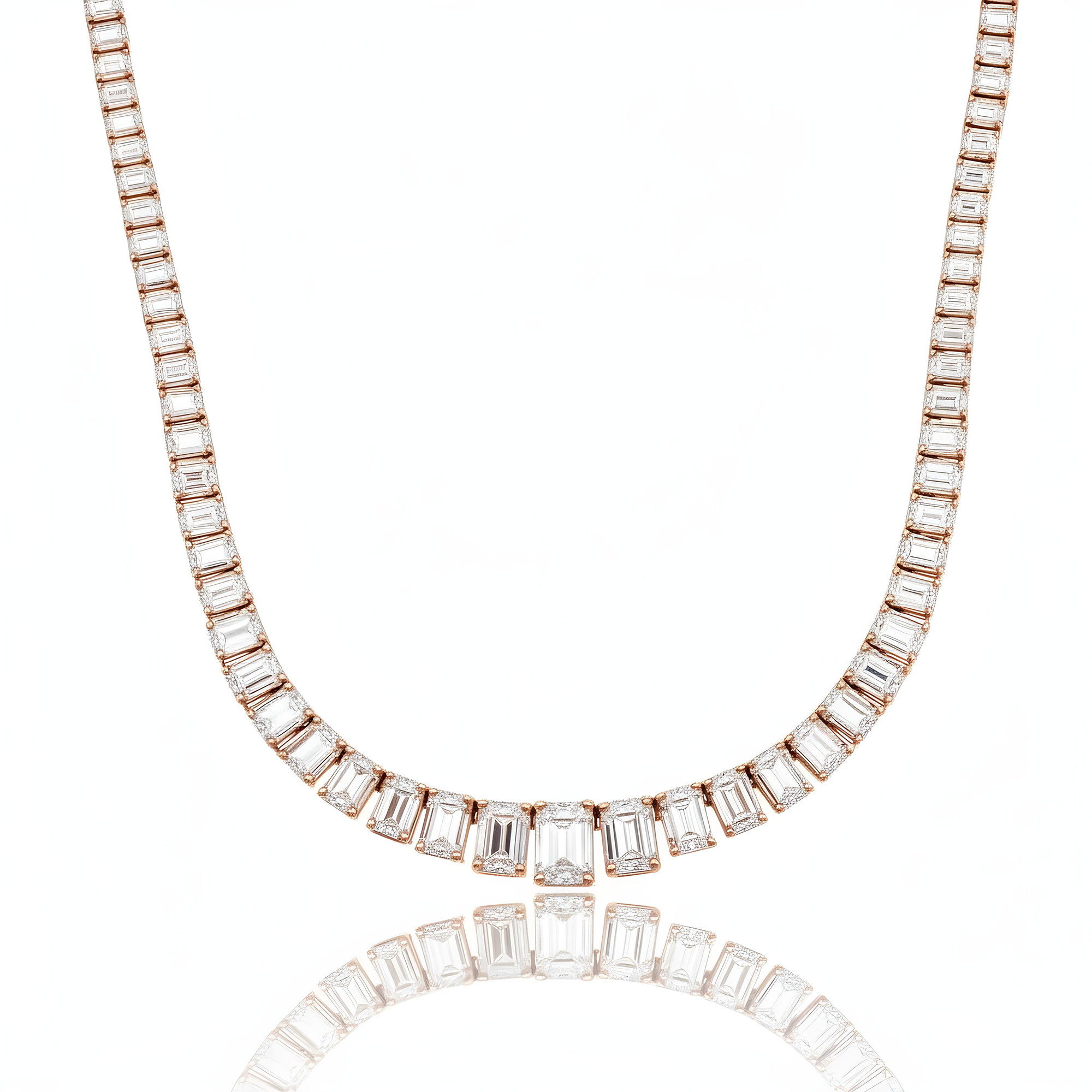 14K White Gold Graduated Emerald Cut Diamond Chain 58.64ct