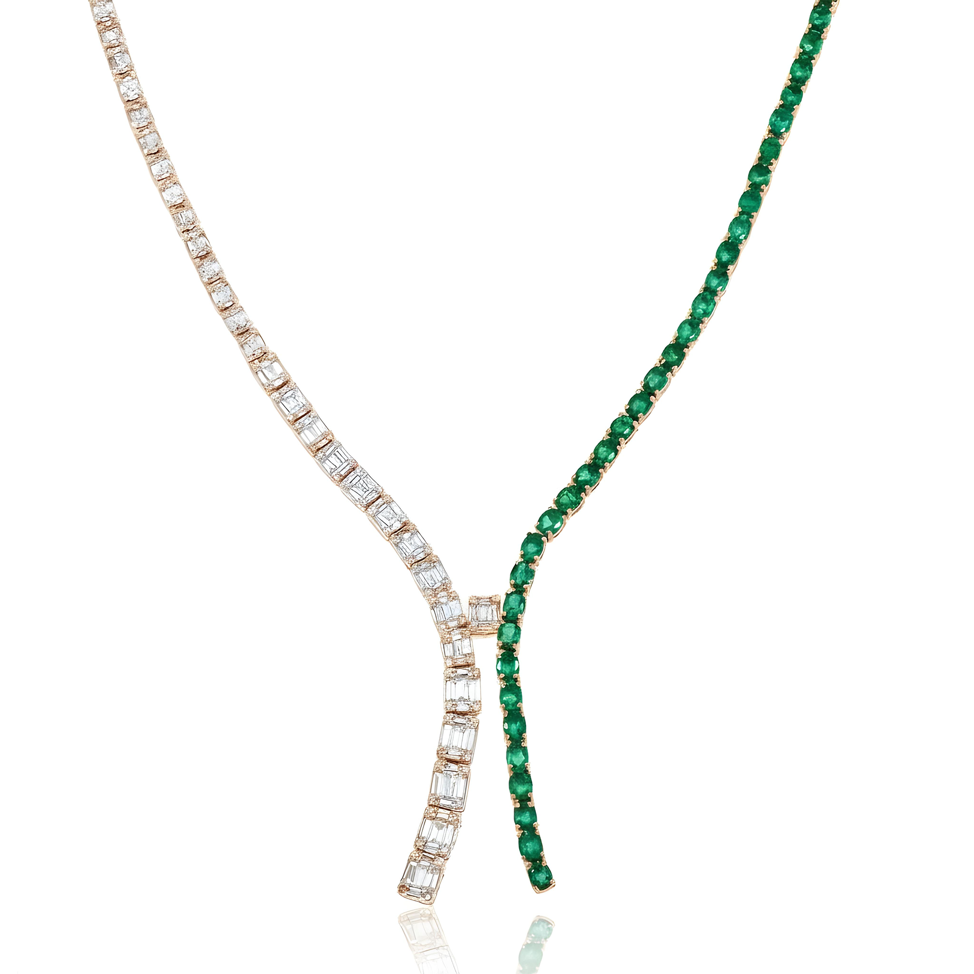 14K White Gold Oval Cut Emerald & Diamond Drop Necklace
