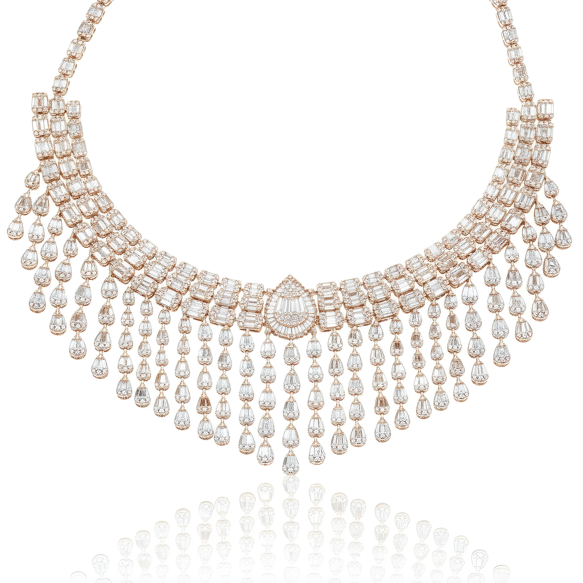 14K White Diamond Chandelier Necklace 43.82ct