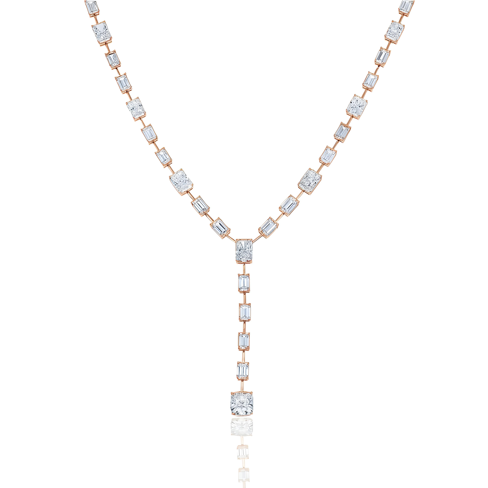 18K White Gold Radiant & Emerald Cut Diamond Drop Necklace 41.69ct
