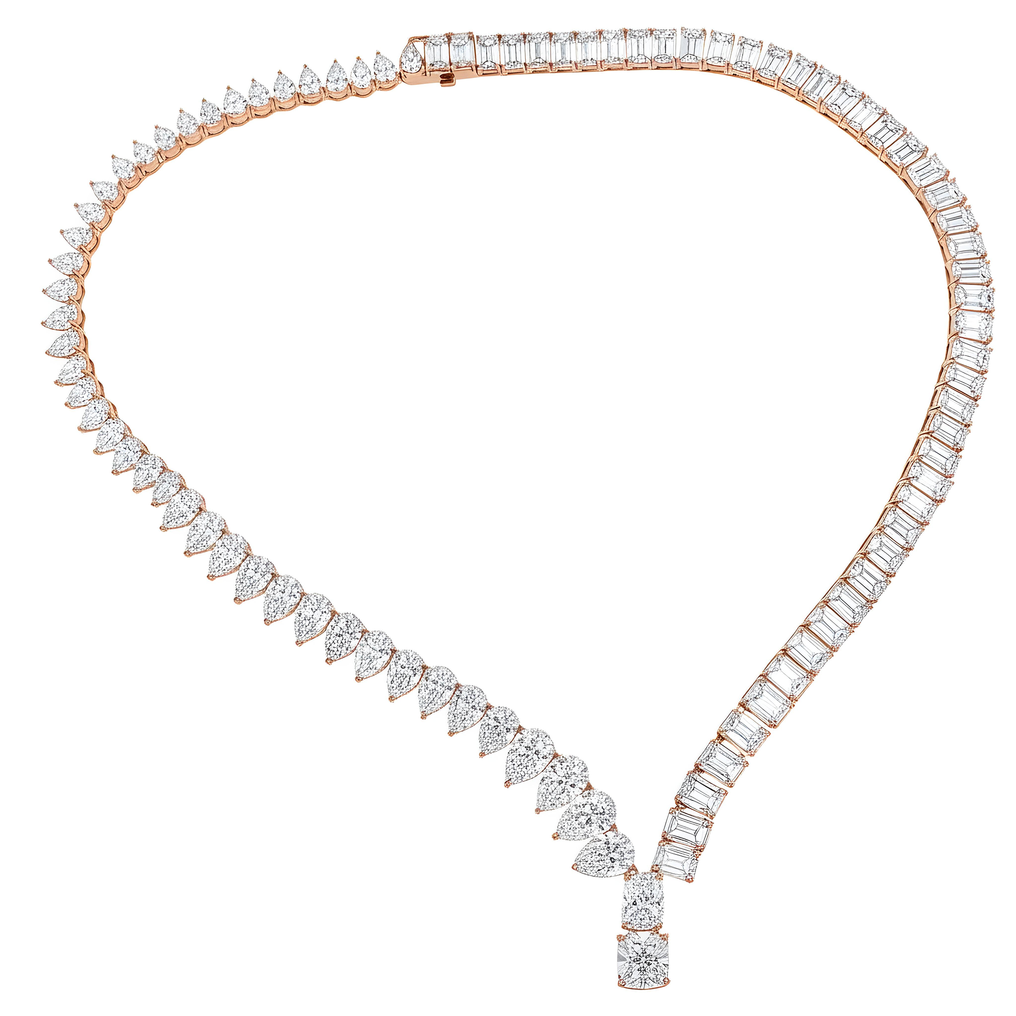 18K White Gold Pear & Emerald Cut Diamond Drop Necklace 62.37ct