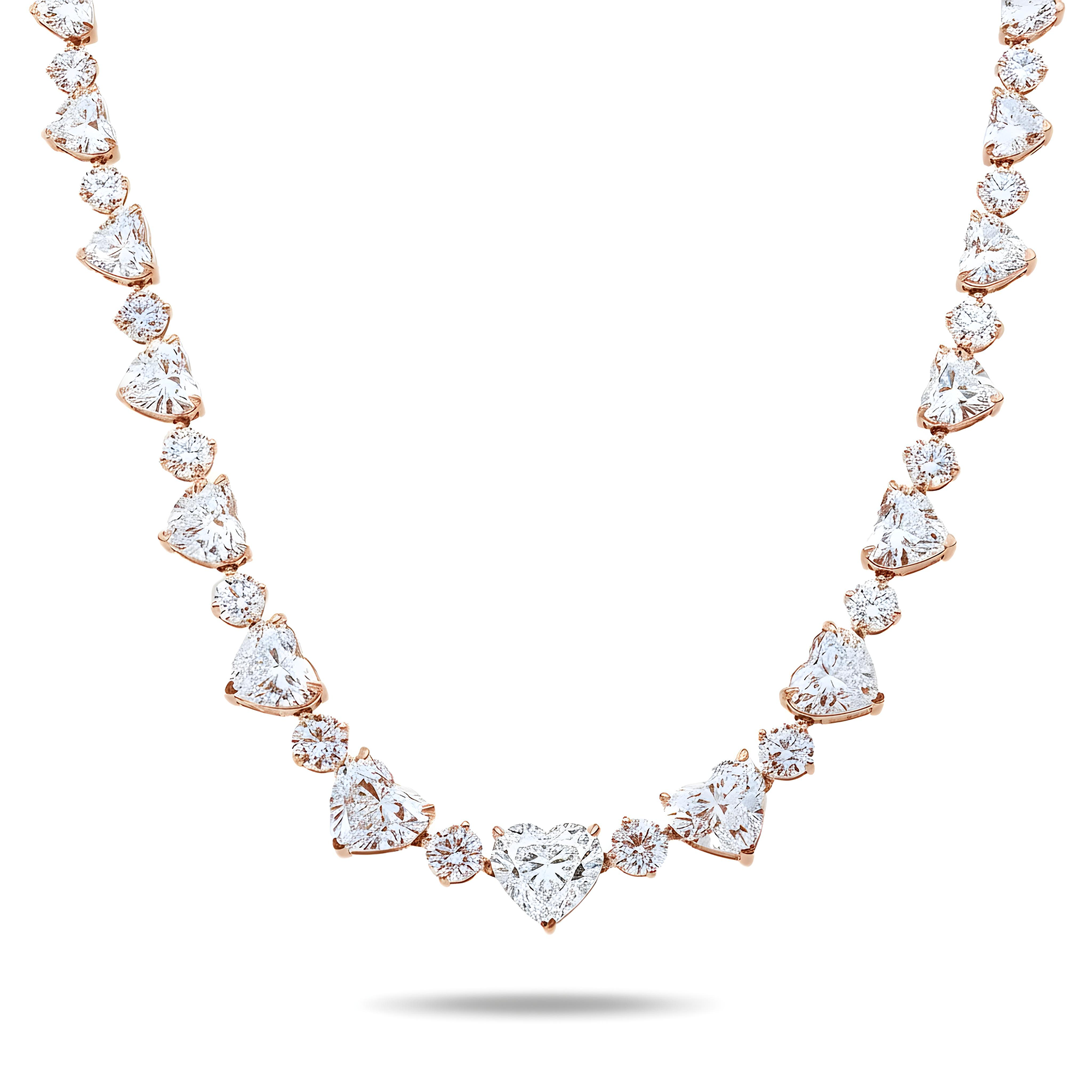 IGI 14K White Gold Graduated Heart & Round Cut Diamond Necklace 61.30ct