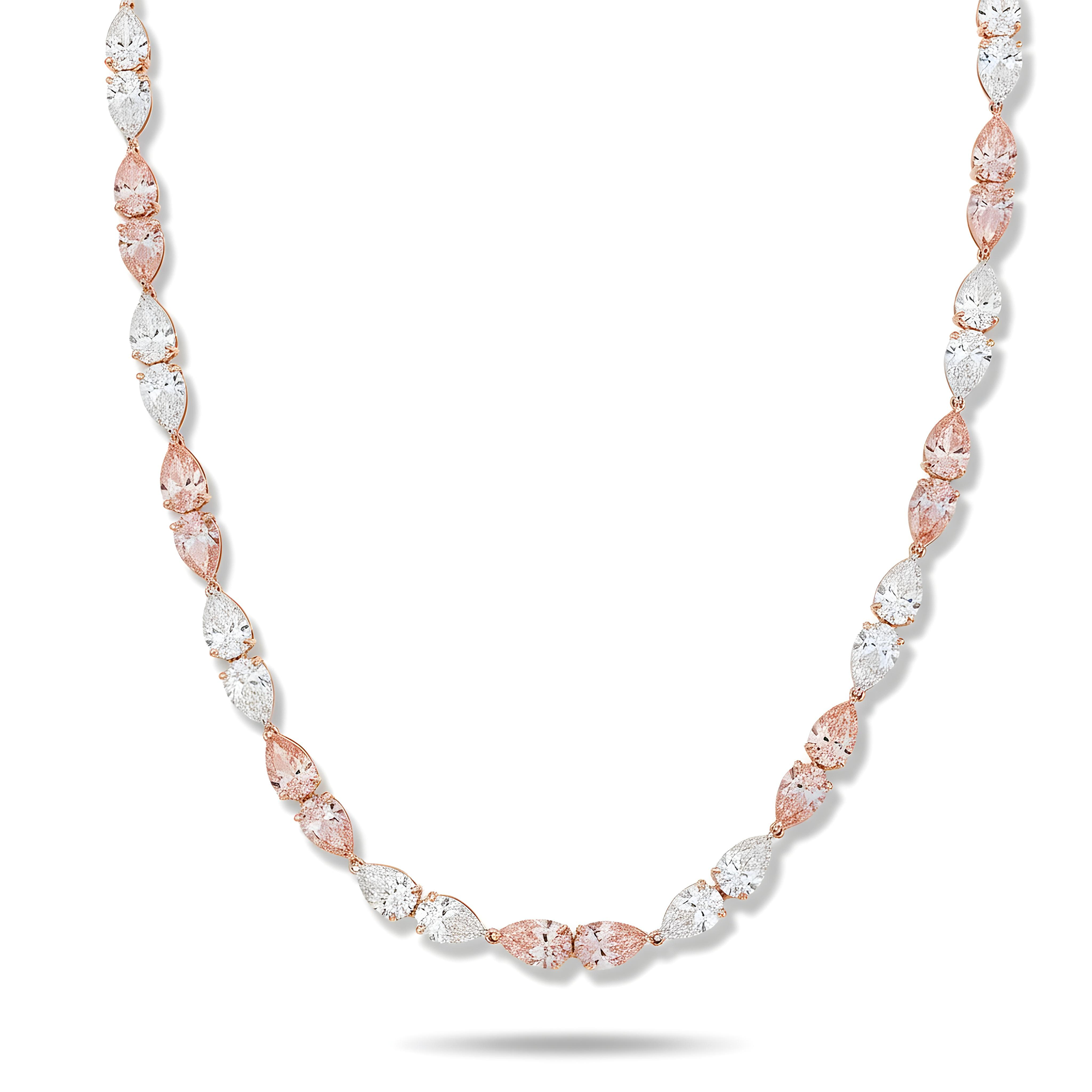 18K White Gold Pear Cut White & Fancy Pink Diamond Necklace 36.46ct