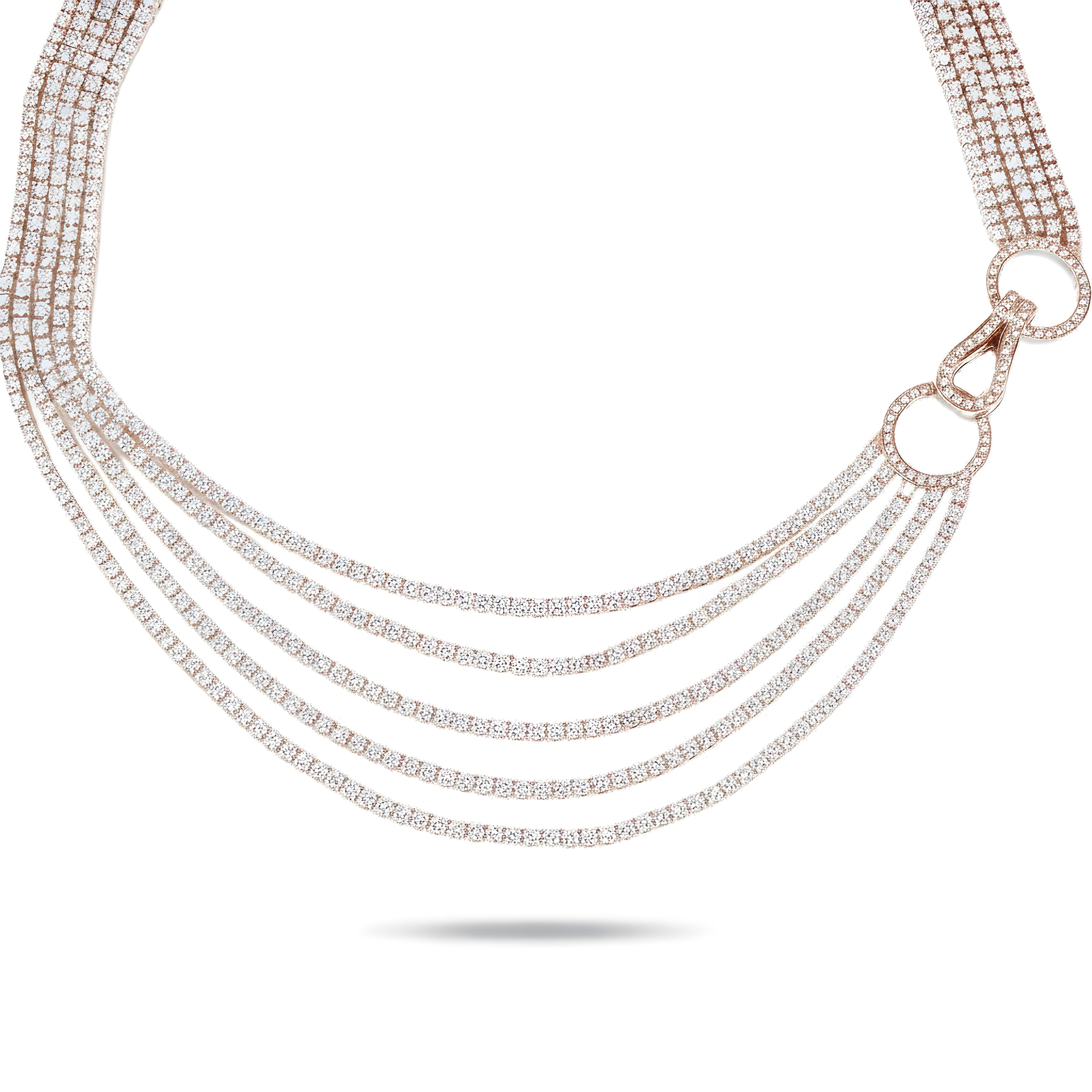 18K White Gold Five Layer Round Diamond Necklace W/ Unique Clasp 35.49ct