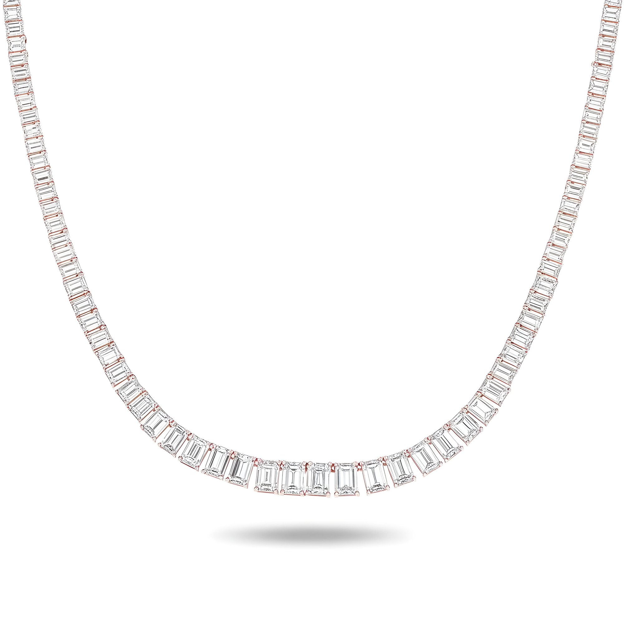 14K White Gold Graduated Emerald Cut Diamond Necklace 31.11ct