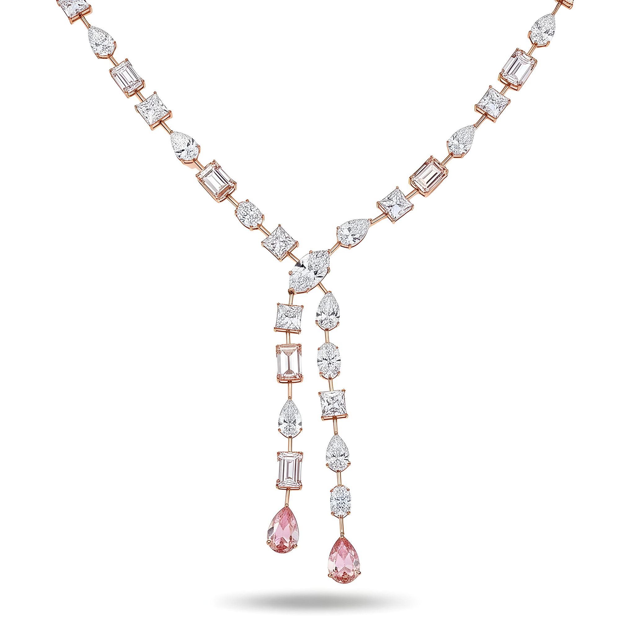 18K White Gold Multi Cut White & Fancy Vivid Pink Diamond Double Drop Necklace