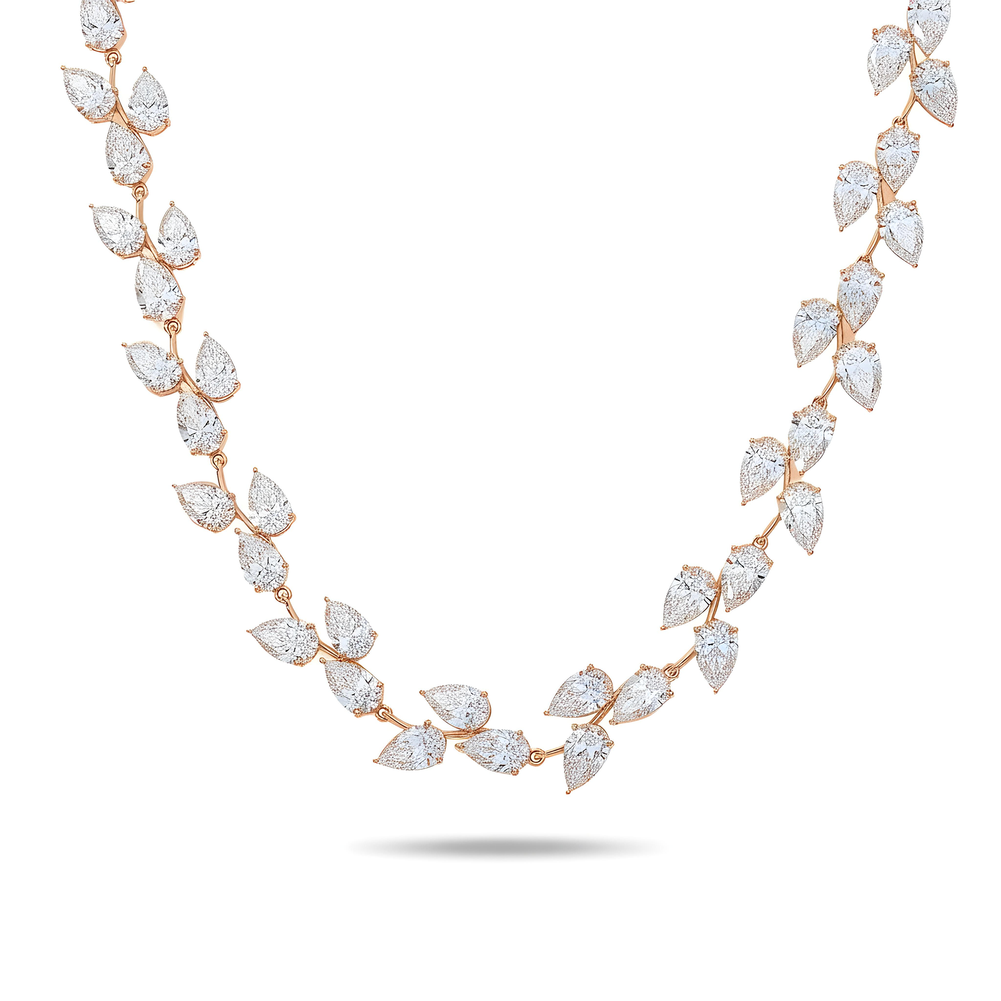 18K White Gold Pear Cut Diamond Rosebud Vine Necklace 56.69ct