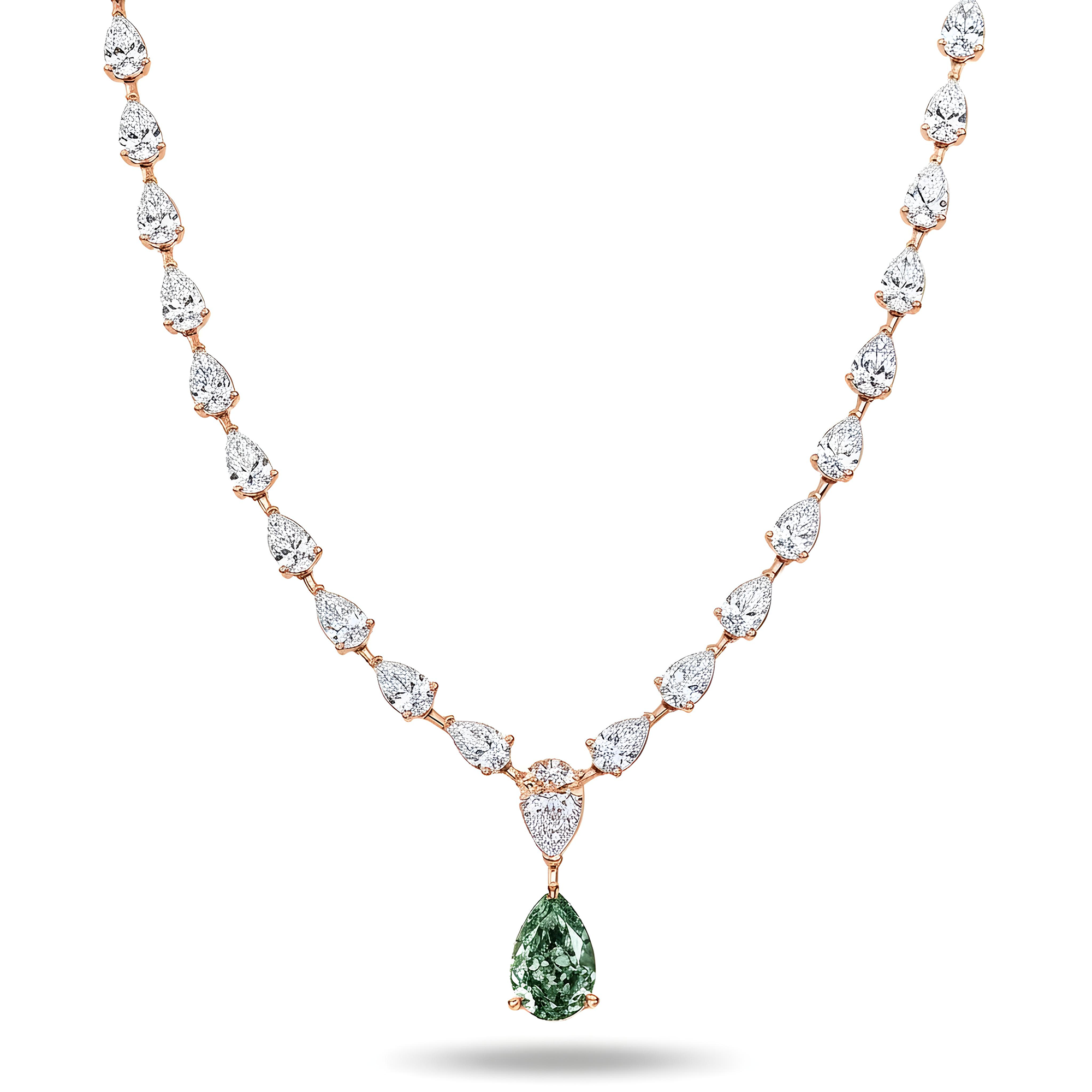 IGI Platinum Pear Cut Fancy Vivid Blueish Green Diamond Drop Necklace 49.43ctw