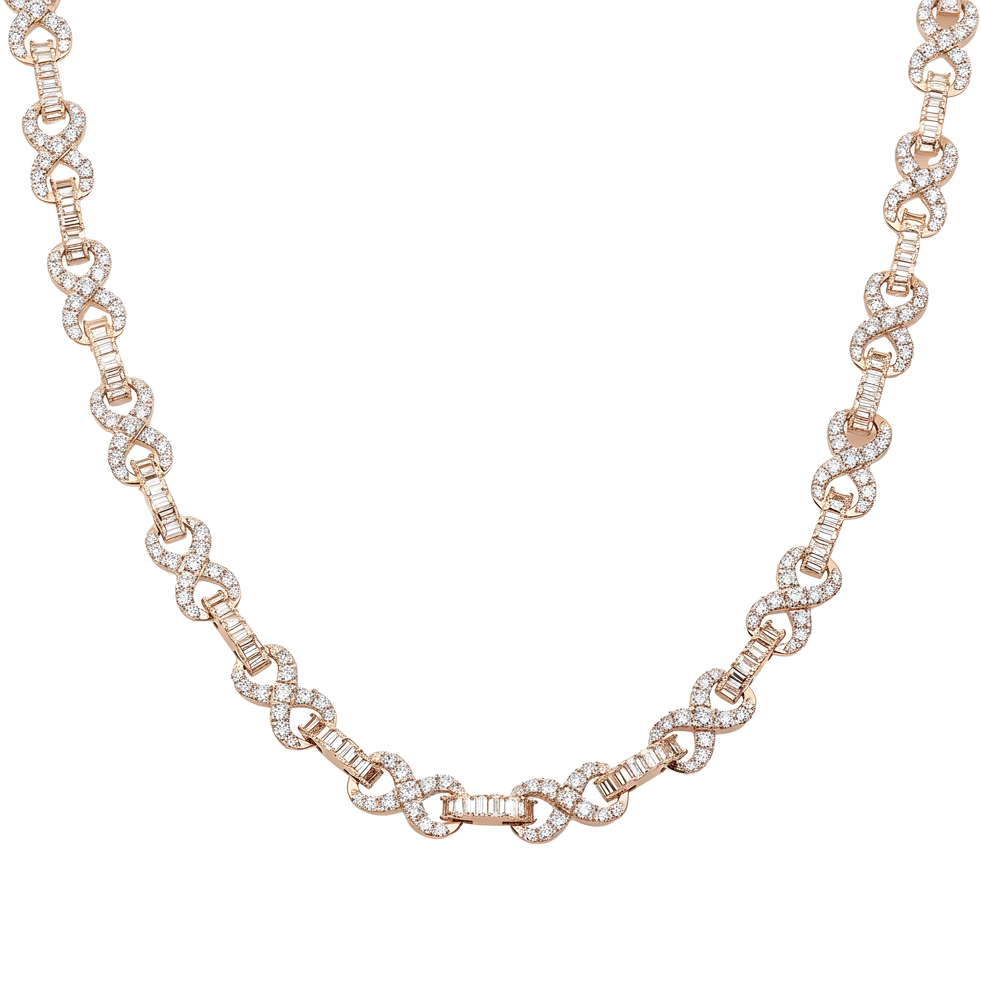 14K White Gold Round & Emerald Cut Diamond Infinity Link Necklace 29.30ct