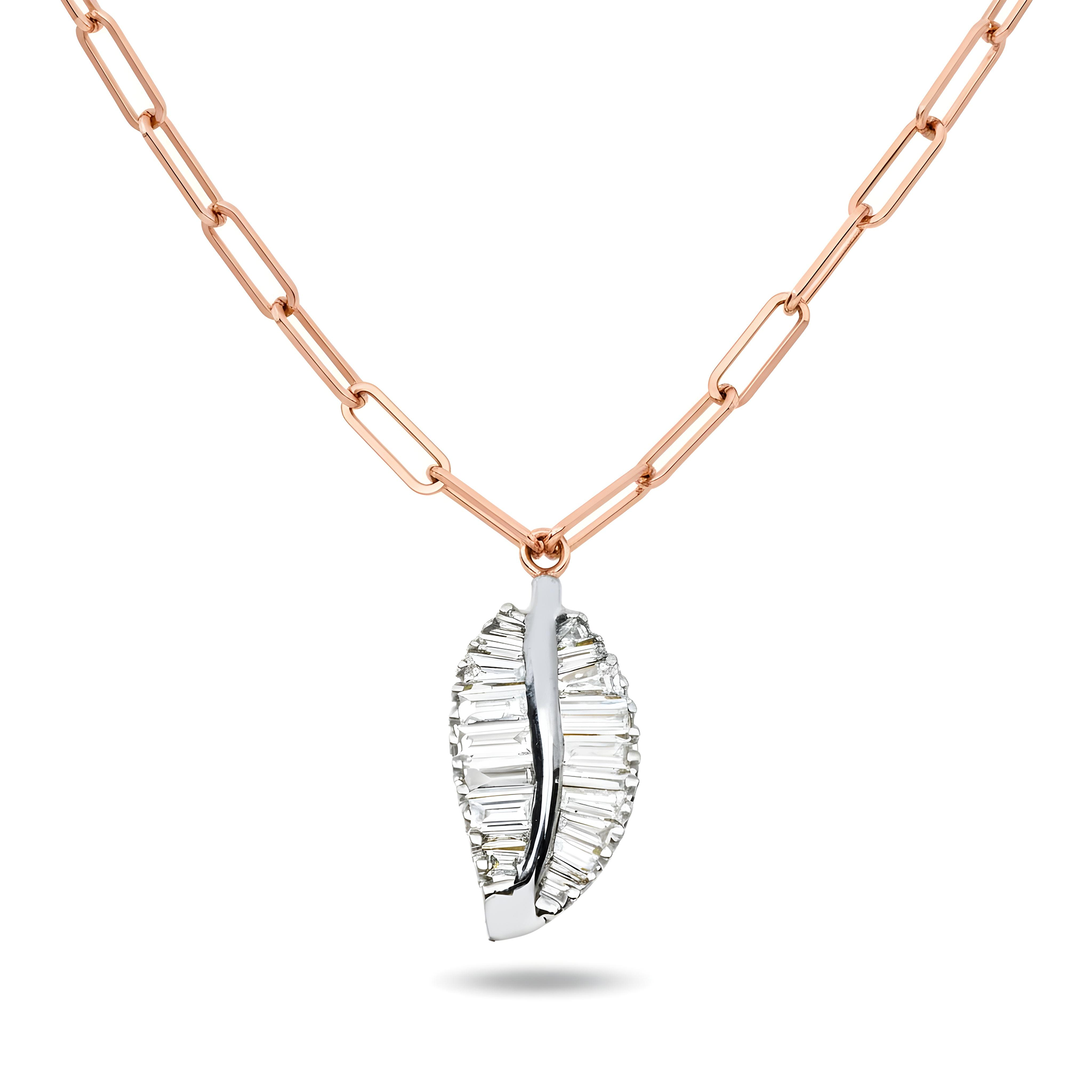 14K Two Tone Baguette Cut Diamond Leaf Pendant & Chain Necklace 0.90ct