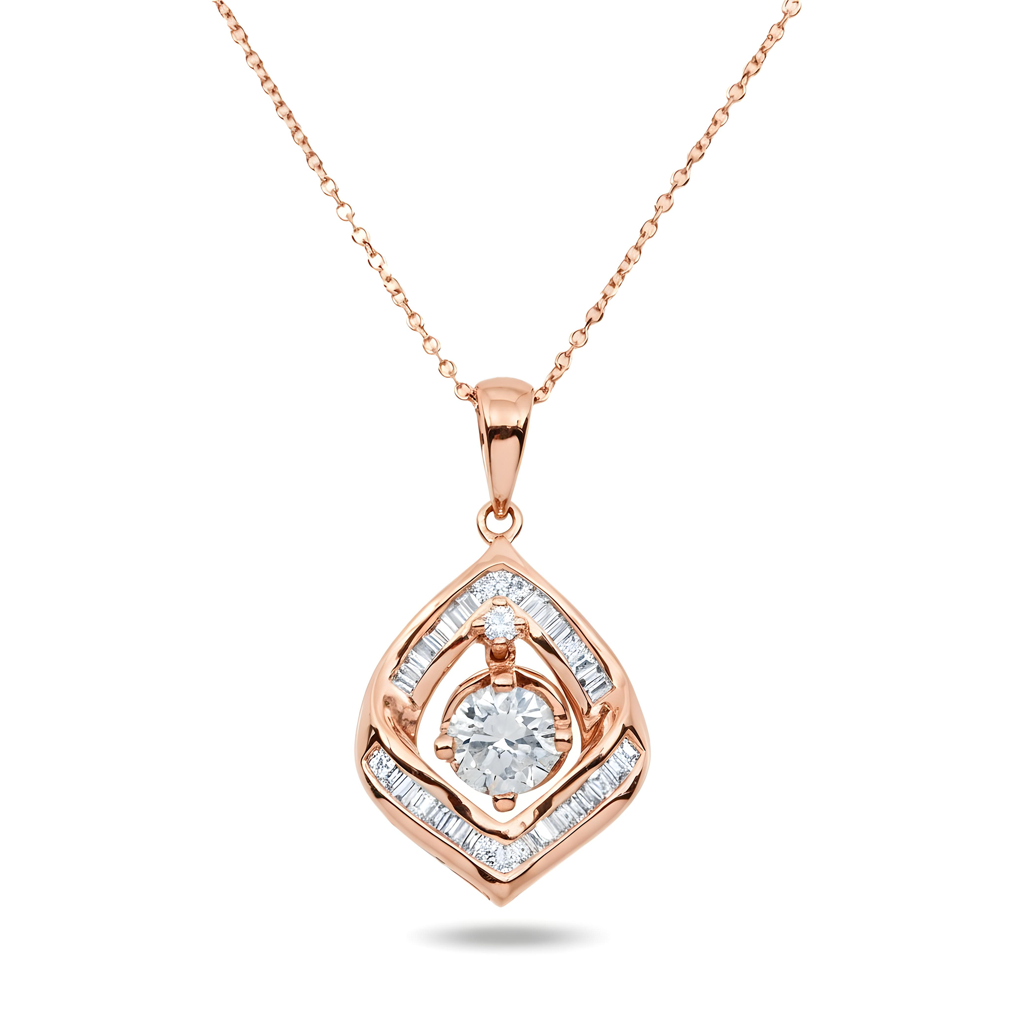 14K White Gold Baguette & Round Diamond Pendant & Chain Necklace 1.0ct