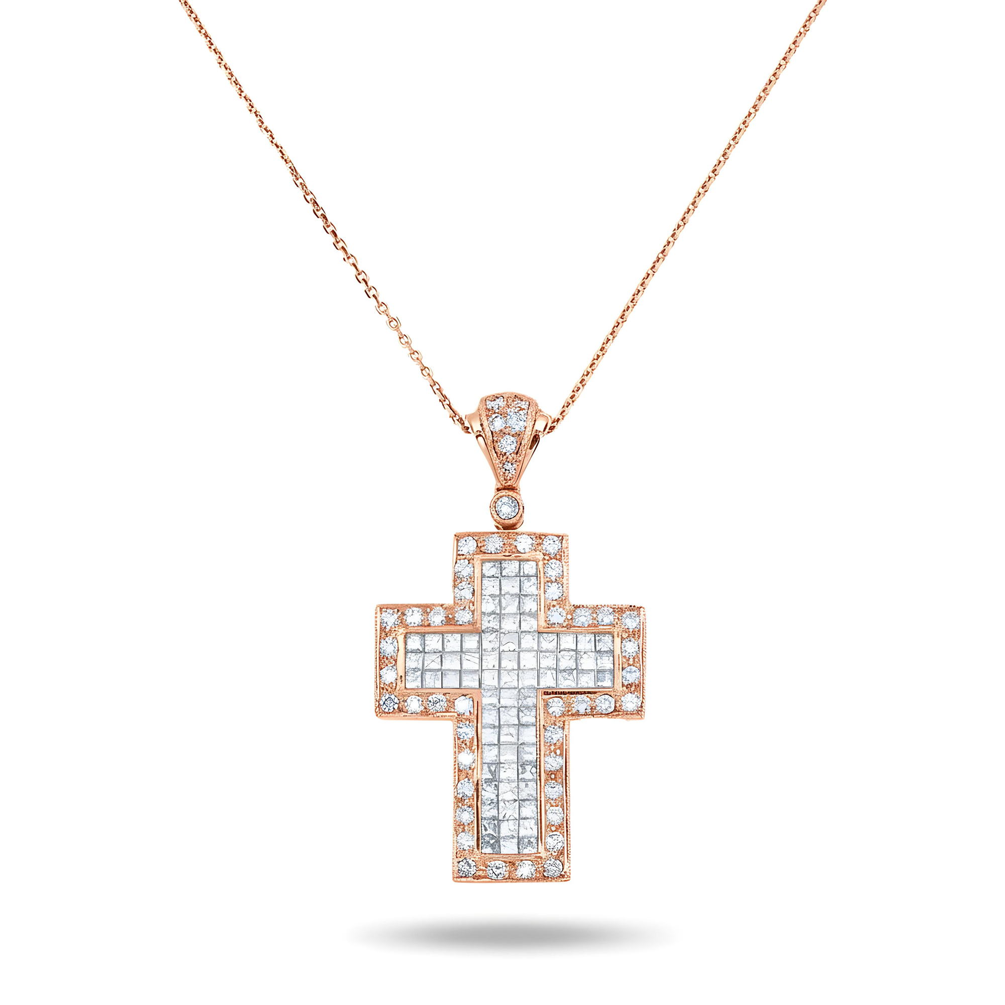 18K White Gold Princess & Round Diamond Cross Pendant & Chain Necklace 2.01ct