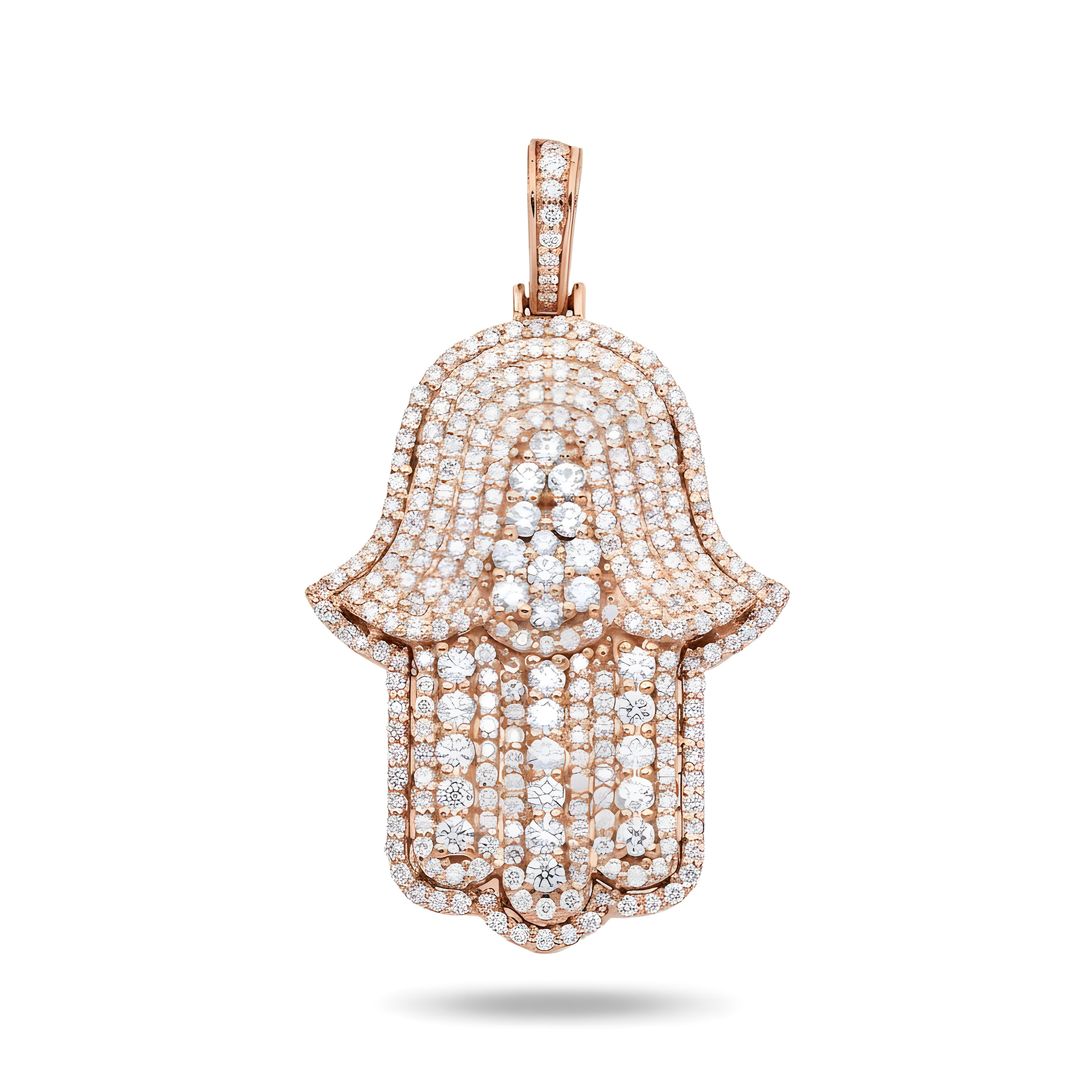 14K White Gold Round Diamond Bilevel Hamsa Pendant 4.0ct